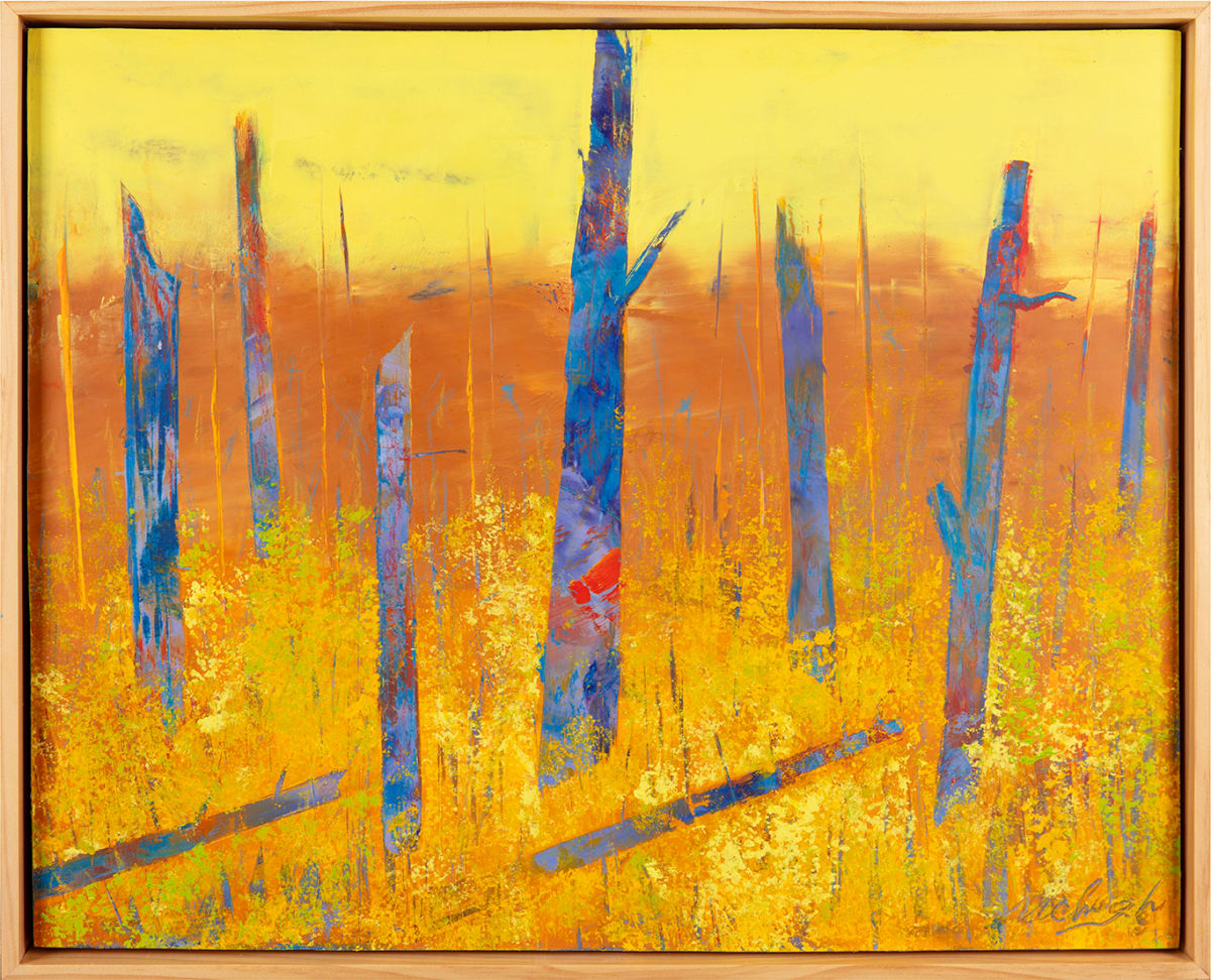 "Spring '24" by Steven McHugh  Image: "Spring '24," a stunning piece of art that captures the essence of the changing seasons in a dramatic and complex color abstraction. This 16" x 20" oil and cold wax painting depicts a landscape with vibrant yellow and orange hues, complemented by vertical blue and red tree forms intertwined throughout the canvas. The piece is beautifully framed in a gallery floating frame, adding a touch of elegance to the overall presentation. Painter Steve McHugh has skillfully crafted this artwork based on one of his favorite areas on Madeline Island, making it a truly special and captivating addition to any art collection. With its intricate details and inviting ambiance, "Spring '24" is sure to become a focal point of any room and evoke a sense of natural beauty and tranquility.

The artwork is a vibrant painting that features an abstract landscape. The composition includes tall, vertical tree trunks rendered in vivid blue and purple hues, contrasted against a bright yellow foreground. The background transitions from yellow at the top to brown, suggesting a horizon or atmospheric depth. The use of bold colors and dynamic brushstrokes creates a lively and energetic scene, emphasizing the texture and contrast between the trees and their surroundings. The overall effect is striking, combining elements of abstraction with a natural theme.