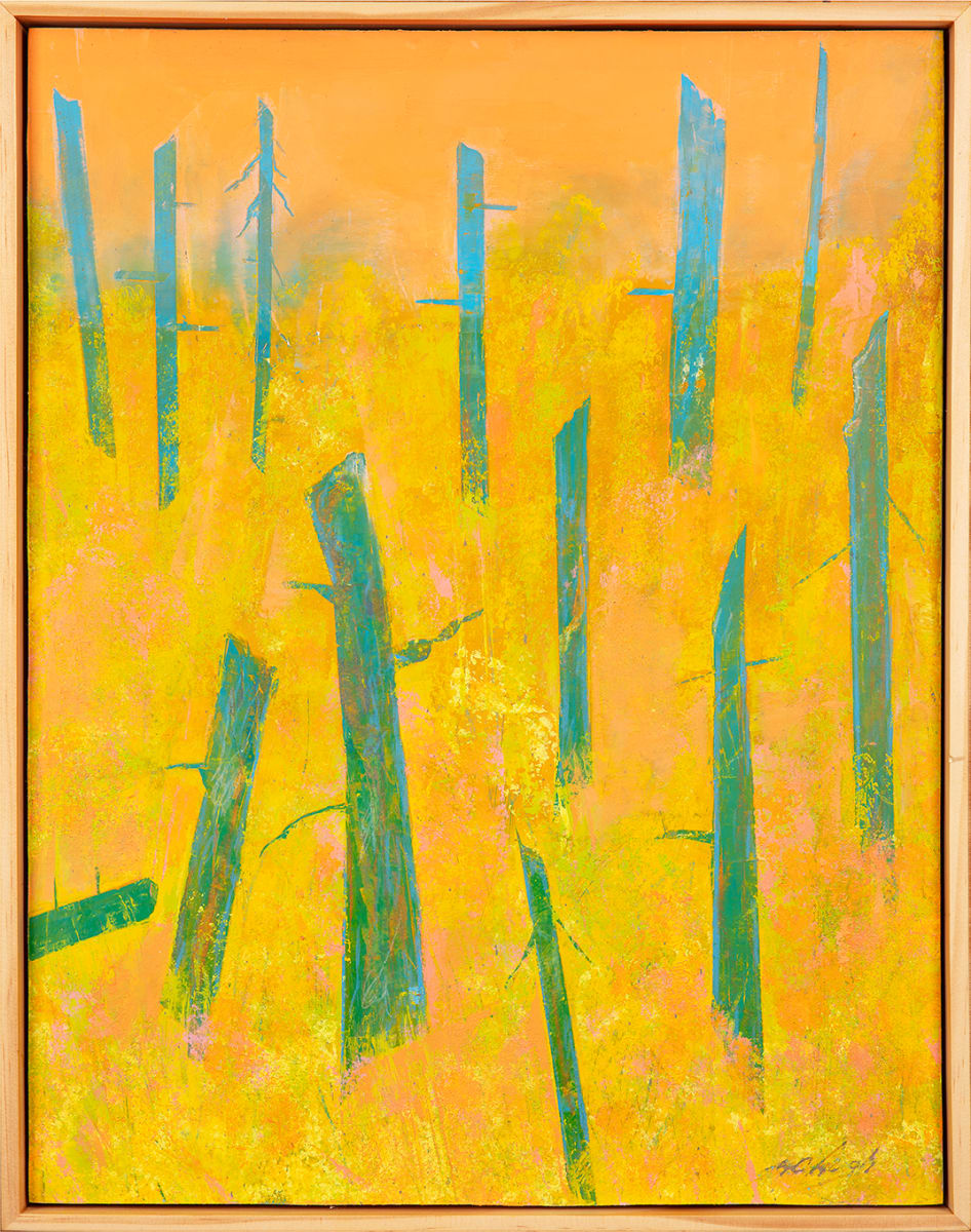 "Natural Forms" by Steven McHugh  Image: "Natural Forms" by  artist Steve McHugh, a stunning abstract landscape painting that captures the unique beauty of Madeline Island. This breathtaking piece is crafted with oil and cold wax on a wood panel, meticulously measuring 20" x 16" and framed in a gallery floating frame with a natural wood finish. The warm lower portion of the landscape is adorned with vibrant yellows and oranges, juxtaposed with vertical tree forms in shades of greens and blues, all beneath an enchanting orange sky. "Natural Forms" is a striking addition to any art collection, evoking a sense of tranquility and serenity. Don't miss the opportunity to bring this captivating piece into your home today.

The artwork is a vibrant abstract painting dominated by warm shades of yellow and orange, interspersed with vertical blue-green forms. The background features a gradient of soft orange, transitioning into lighter tones towards the top. The blue-green forms are tall, thin trees and abstract shapes, standing vertically and varying in size and width. Some of these forms have branch-like extensions, adding an organic, nature-inspired element to the composition. The overall effect is dynamic and energetic, with a striking contrast between the warm background and the cool, prominent vertical shapes.

Sales tax and shipping costs will be added after sale and location is established.