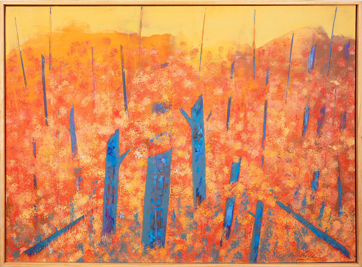 "Off The Edge" by Steven McHugh  Image: "Off The Edge," a stunning abstract landscape painting by Madeline Island artist, Steve McHugh. This captivating piece is created with oil and cold wax on wood panel, measuring 22" x 30". The complex composition features a striking contrast of colors, with a vibrant yellow sky meeting a range of orange, yellow, and red foliage, set against contrasting blue vertical tree trunks. This dynamic and visually engaging artwork is sure to make a statement in any art collection or living space. "Off The Edge" is a true testament to McHugh's mastery of color and form, showcasing the artist's unique perspective on nature and the world around us.

The artwork is a vibrant and abstract painting useing a warm color palette dominated by shades of yellow, orange, and red. These colors form a dense background with a texture that represents foliage,  an abstract landscape. Interspersed within this warm background are prominent vertical elements in bright blue, creating a striking contrast. The blue shapes are irregular and vary in size, adding depth and dynamism to the composition. The overall effect is energetic and evocative, blending warm, earthy tones with cool, striking hues.

Sales tax and shipping will be established after destination is established.