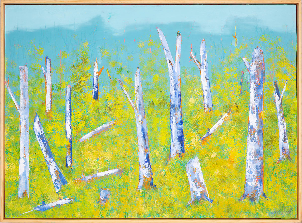"Where Light Gets In" by Steven McHugh  Image: "Where Light Gets In," an original oil and cold wax abstract landscape painting by Madeline Island artist, Steve McHugh. This stunning piece depicts the breathtaking beauty of spring time on Madeline Island, featuring celery yellow green foliage with vertical blue and white bare trees, inspired by the scenic Black Shanty Road. Measuring 22" x 30", this captivating artwork is beautifully framed in a simple, natural wood gallery floating frame. Embrace the tranquility and peacefulness of this unique piece, which is sure to make a captivating addition to any art collection. Don't miss the opportunity to bring the essence of Madeline Island into your home with "Where Light Gets In."

This artwork vividly portrays a forest landscape dominated by tall, sparsely-leaved trees with predominantly white bark, accentuated with splashes of blue and hints of bright colors. The ground is a lush, vibrant green, interspersed with additional strokes of color, giving a sense of dense foliage or grass. The sky above is a clear, calming blue, blending seamlessly with the upper portions of the trees. The overall composition evokes a sense of tranquility and natural beauty, with the trees standing tall and the vibrant colors creating a dynamic yet harmonious scene.

Sales tax and shipping is determined after destination is decided.