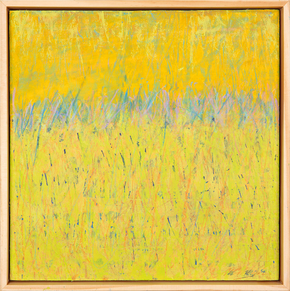 "Moments In The Grass" by Steven McHugh  Image: "Moments is based on my childhood experience of laying on my belly in the tall summer grasses.  You see the tops of the tallest grasses and the foreground and background are just a blur."

"Moments In The Grass" is a stunning abstract painting by Madeline Island painter Steve McHugh. This vibrant piece features bold shades of yellow that are dominant throughout the composition, bringing warmth and energy to any space. Created with oil, cold wax, and wax crayons on a 12" x 12" wood panel, the mixed media technique adds depth and texture to the artwork. The painting is elegantly framed in a natural wood gallery floating frame, adding a contemporary touch to the piece. "Moments In The Grass" is a delightful addition to any art collection, perfect for bringing a sense of joy and vitality to any room.

The artwork is a vibrant abstract painting characterized by a blend of colors and textures that evoke a sense of nature. The upper part of the canvas is dominated by warm yellow hues, transitioning into a band of cooler, softer blues, purples, and greens, creating a subtle gradient effect. The lower portion of the painting features a sea of lighter yellows and greens with scattered, fine vertical and diagonal strokes in dark blue, pink, and orange. These strokes create an impression of movement, reminiscent of tall grass swaying in the wind. The overall composition is dynamic yet harmonious, offering a visual experience that is both lively and calming.

Shipping costs and sales tax will be added after destination is determined.