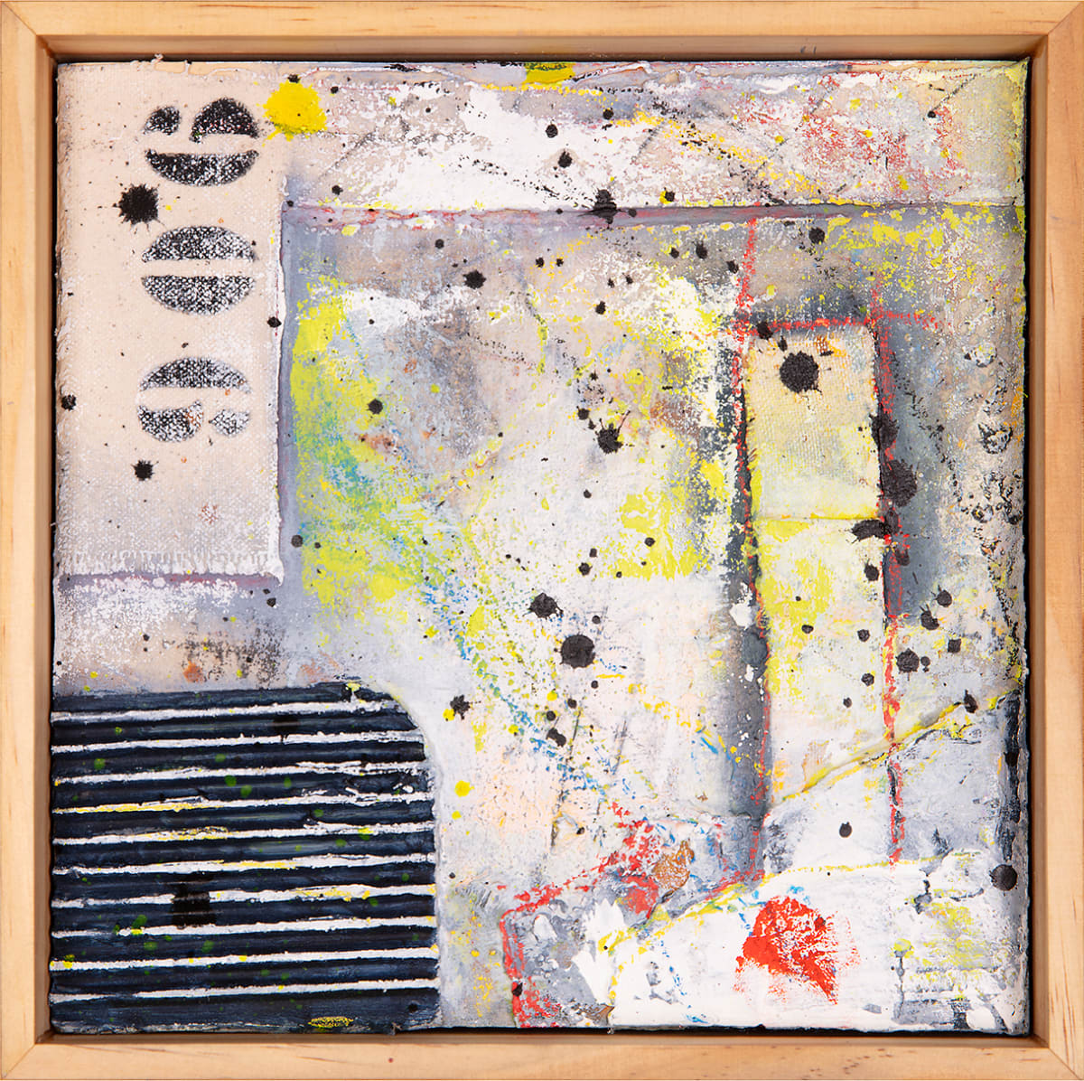 "Deconstructed #5" by Steven McHugh  Image: "Deconstructed #5", is a small original mixed media collage painting by Madeline Island artist Steve McHugh. This unique piece is constructed of layers of canvas, cardboard on wood panel with oil, cold wax, spray paint, graphite, and crayon. Measuring at 8" x 8" and framed in a natural wood finished gallery floating frame, this artwork is a stunning addition to any art collection. The signature red thumbprint in the lower right corner adds a personal touch to this captivating piece. Bring a touch of modern art to your home with "Deconstructed #5".

The artwork is an abstract painting that contains a mix of colors and textures applied on a canvas and enclosed within a wooden frame. The painting features various elements and materials, including multiple splatters of paint, reminiscent of the Jackson Pollock style. 

Prominent colors include yellow, black, grey, and blue, with some red and white highlights. There are splatter effects and brushstrokes creating a sense of movement and randomness. To the left, there are black and white, patterned circular shapes arranged vertically. Below them, there's a section with horizontal black and white stripes. The background seems layered, with off-white, grey, and muted blue tones blending together.

This abstract composition evokes a sense of spontaneity and dynamic energy, with a rich interplay of colors and textures.

Shipping costs and sales tax will be added after destination is determined.