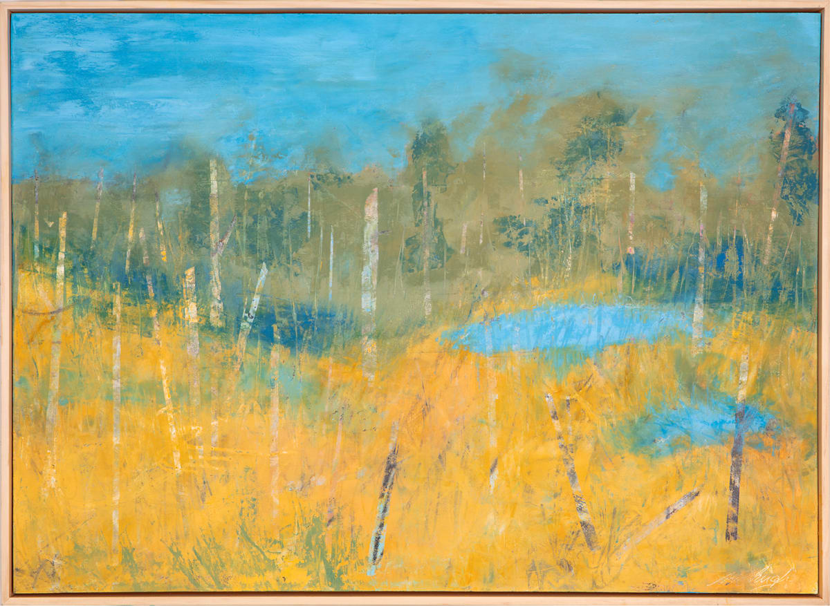 "World Within" by Steven McHugh  Image: Step into the tranquil world within this original landscape by Madeline Island abstract painter Steve McHugh. This stunning 22" x 30" mixed media oil and cold wax painting on wood panel is a true piece of art. The warm tones of yellow tall grasses in the lower area contrast beautifully with the clear ponds of blue, all set against a background of trees. Displayed in a wood gallery floating frame, this serene piece will bring a sense of calm to any space and is sure to captivate any art lover. Add a touch of nature to your collection with this exquisite work of art.

The "World Within"  is a landscape painting featuring a serene scene. The foreground is dominated by rich golden hues,  representing a field of tall grasses or a meadow. Vertical lines, suggesting tree trunks, are scattered throughout the landscape, transitioning from the yellow foreground to a more subdued green middle ground. The green gives way to a blue area,  bodies of water, adding a calming element to the scene. The background is primarily a soft, blended blue sky with hints of green, indicating a forested area. The painting uses a mix of bright and earthy tones, creating a tranquil and harmonious atmosphere.

Sales tax and shipping fees will be determined after purchase.