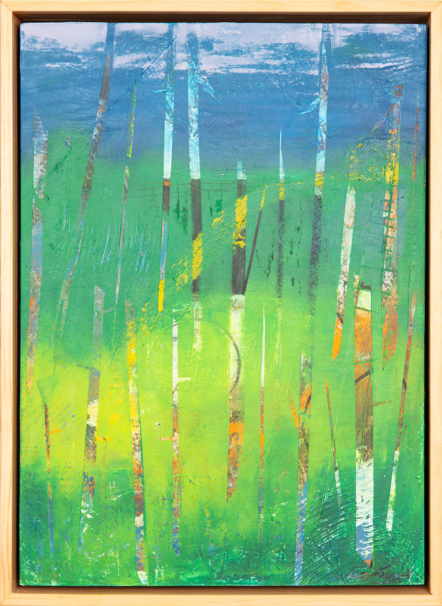 "Mother Earth" by Steven McHugh  Image: "Mother Earth" is an original oil and cold wax landscape painting by Madeline Island painter Steve McHugh. This stunning piece captures the beauty of nature with its intricate tree forms, which are vertical forms that have been removed from the top coat of paint, creating a textured and three-dimensional effect. Measuring 14" x 11" on a wood panel, this painting is framed in a natural wood gallery floating frame, adding a touch of elegance to the artwork. "Mother Earth" is a captivating and evocative piece that would make a beautiful addition to any art collection, bringing the beauty of the natural world into your home or office.

This abstract painting is dominated by vertical lines and vibrant colors. The background consists of a gradient transitioning from deep blue at the top to bright green and yellow at the bottom, evoking a natural, landscape-like scene. Vertical, thin, and elongated shapes are scattered across the panel, varying in length while providing a sense of movement and depth. The colors within these shapes include hues of blue, green, white, orange, and brown, incorporating both solid and textured patterns. This combination of elements creates a dynamic and visually engaging piece. The artwork is framed in a light wooden frame which contrasts subtly with the vibrant colors within the painting.

Sales tax and shipping cost are calulated after destination is determined.