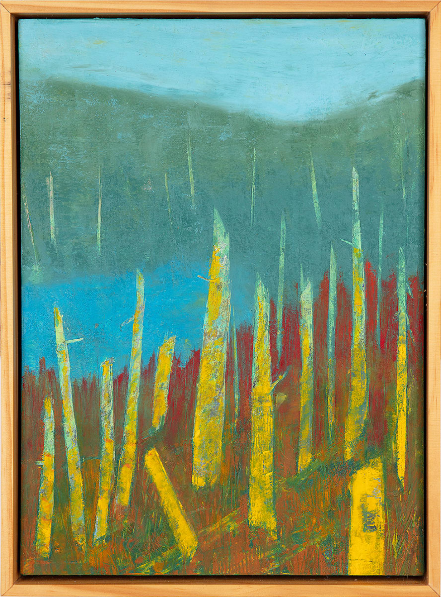 "Conversations" by Steven McHugh  Image: "Conversations" is an original abstract landscape featuring ancient trees grouped next to a bog area, brought to life through bold contrasting colors and textures of green against reds, blues, and teals. Painted by Madeline Island artist Steve McHugh, this mixed media oil and cold wax masterpiece measures 14.5" x 10.5" x 2.5" and comes framed in a gallery- floating frame in wood tones. This painting captures the essence of the natural beauty found in the Apostle Islands, making it a captivating addition to any art collection. Based on a location on Madeline Island on Black Shanty Road.  Shipping and sales tax caluated after destination is determined. Explore the depth and conversation within nature through this stunning piece on stevemchughart.com.

This abstract landscape is painted piece features vertical yellow and blue lines that resemble tall, slender trees in a stylized manner. These elements emerge from a textured base of green and red, giving an impression of a forest or dense vegetation. The background consists of washed-out, overlapping hues of blue and grey-green, creating a sense of depth and atmospheric perspective. The hazy, muted tones in the background contrast with the vibrant, textured colors in the foreground. The overall composition is abstract, with a focus on color and form that evokes a natural, organic scene. 