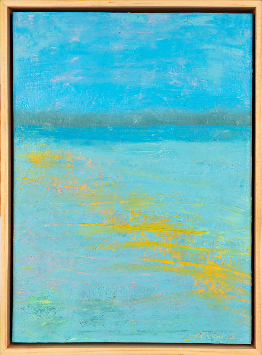 "Lost Light" by Steven McHugh  Image: Experience the serene beauty of "Lost Light," an original oil and cold wax painting by Madeline Island artist Steve McHugh. This captivating piece in blues, yellow, and teal depicts the tranquil moment just after the sun sets, where gentle waves embrace the lingering yellow glow. As you admire the painting, Long Island emerges on the horizon, adding to its enchanting allure. Measuring 14.5" x 10.5" x 2.5", this artwork is  crafted on a wood panel and elegantly framed in a gallery floating frame. Perfect for art enthusiasts seeking to bring a touch of Madeline Island’s natural splendor into their space. Shipping and sales tax added after destination is determined.

This serene  abstract painting featuring a tranquil blue and aqua palette reminiscent of a seascape. The canvas transitions smoothly from a vivid blue sky at the top to lighter, more mixed hues of blue and aqua in the middle and bottom sections. A subtle, delicate horizontal band of muted greyish-blue runs across the upper third, suggesting a horizon line. Streaks and splashes of vibrant yellow intermingle with the lighter blues and aquas in the lower section of the painting, adding a sense of dynamic movement and texture, reminiscent of reflections or light patterns on water. The use of color and texture evokes a calming and contemplative coastal scene.