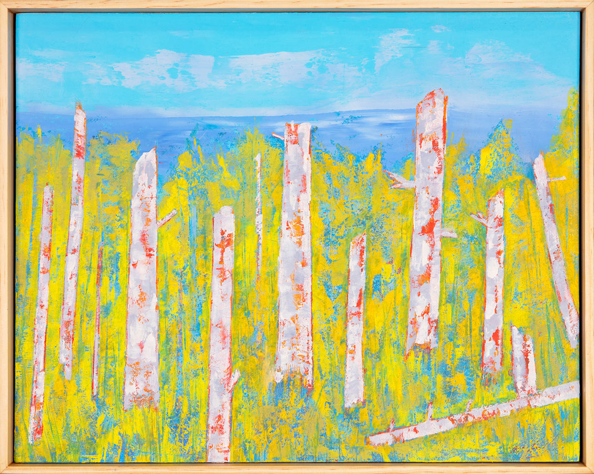 "The Lookouts" by Steven McHugh  Image: "The Lookouts" is an original oil and cold wax painting that beautifully depicts the ancient trees along the edge of Big Bay Town Park and Lake Superior. This unique artwork by Madeline Island painter Steve McHugh captures the essence of the past forest with bold abstract colors and intricate details of the foliage and beach grasses. Measuring 16.75" x 20.75" x 2.5", this painting is a stunning portrayal of the old tree remains that stand as a reminder of history and natural beauty. "The Lookouts" would make a captivating addition to any art collection, bringing a touch of the serene and majestic outdoors to any space. If you're looking for a one-of-a-kind piece that evokes a sense of wonder and admiration, The Lookouts is sure to impress.

This vibrant painting featuring a colorful, abstract representation of nature. The piece predominantly uses yellow, green, blue, and white hues. The foreground showcases tall, vertical white tree trunks with red highlights, suggesting birch trees. The background includes a blend of yellow and green, signifying foliage or grass, and a sky rendered in varying shades of blue and light blue, signifying a bright and clear day. The use of bold, contrasting colors and textured brushstrokes creates a dynamic and lively scene.

Shipping and sales tax will be determined upon destination is determined.