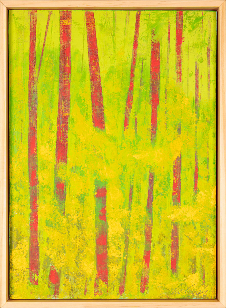 "Presence" by Steven McHugh  Image: Experience the captivating energy of "Presence," a bold, vibrant abstract landscape by Madeline Island artist Steve McHugh. Crafted using oil and cold wax on wood panel, this piece features an intense yellow and neon green background/foliage, contrasted with deep red tree trunks. The natural wood finish of the gallery floating frame, measuring 14.25" x 10.5" x 2.5", enhances its striking visual impact. As a mixed-media non-representational abstract painter, I bring the essence of the Apostle Islands to life, making each piece a unique addition to your collection. Explore  and immerse yourself in the artistry rooted in the beauty of Lake Superior.

This artwork is a vibrant abstract painting that features a vertical composition of tall, elongated rectangular shapes in varying shades of red set against a lush green and yellow background. The brushstrokes are textured, giving the piece a dynamic feel. The red shapes give an impression of tree trunks, creating a forest-like scene with a lively, almost dreamlike quality. The interplay of bright, contrasting colors conveys a sense of energy and movement. 

Sales tax and shipping is determined after destination is established.