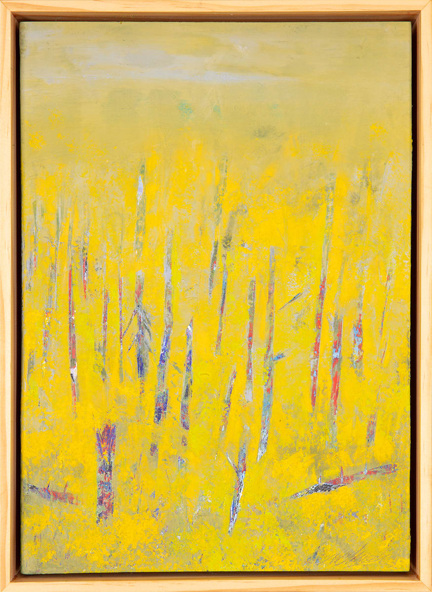 "Revelations" by Steven McHugh  Image: Experience the vibrant energy of "Revelations," a bold abstract landscape painting by Madeline Island artist Steve McHugh. This captivating piece represents a forest with tree trunks in contrasting colors against a luminous yellow background, created with oil and cold wax on a wood panel measuring 14.25" x 10.5" x 2.5". Framed in a natural wood gallery floating frame, it adds an elegant touch to any space. Steve's unique style and deep connection to the Apostle Islands are infused in every brushstroke, offering both visual pleasure and profound inspiration. Elevate your collection with this stand-out work from a renowned mixed-media non-representational abstract painter.

The artwork is a painting primarily featuring vertical lines representing  trees. The color palette predominantly consists of vibrant yellows, lending a bright and warm tone to the piece. Additional colors like hints of purple, blue, and red intersperse the yellow, creating a sense of depth and texture. The background is a muted yellow-green, evoking a serene atmosphere. The painting is enclosed in a simple wooden frame that complements the natural theme of the artwork. The overall impression is abstract, with the shapes and colors blending together to create a lively yet harmonious composition.

Shipping and sales tax added after destination is determined.