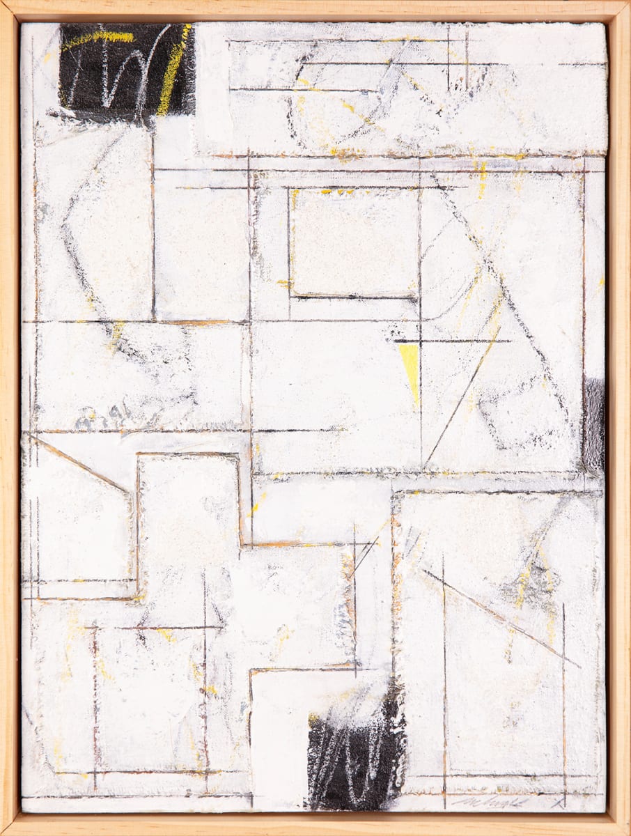 "This Space In Time" by Steven McHugh  Image: Discover "This Space In Time," a stunning work by Steve McHugh that redefines minimalism. What first appears to be just a minimalist, abstract painting in white holds layers of textures, modern composition in crayon and pencil, bold strokes and mark making and subtle colors. This study for urban setting is crafted using oil, cold wax, crayon, and graphite on wood panel covered with layers of canvas. Measuring 16.75" x 12.75" x 2.5", it is a testament to the intricate and purposeful layering that characterizes McHugh's work newest collection. Ideal for discerning collectors, this piece captures the essence of modern abstraction with a refined touch.

This minimalist, abstract painting  features a series of thin, intersecting lines creating a geometric composition. The primary colors used are black, yellow, and shades of gray on a predominantly white background. The lines and shapes form various rectangular and polygonal forms, some filled with color and texture, creating a sense of depth and movement within the composition. The overall style is modern and abstract, with a focus on linear structures and subtle color contrasts. Framed in a simple wood gallery floating frame.

Sales tax and shipping costs determined with destination.