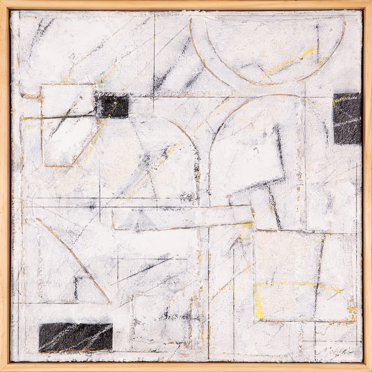 "Muted" by Steven McHugh  Image: "Muted" is an abstract minimalistic composition of a white surface enriched with layers of textures and intricate mark making. This mixed media creation combines elements such as canvas on canvas, oil, cold wax, beach sand, graphite, and crayon, meticulously assembled on a 16.75" x 16.75" x 2.5" wood panel. Framed in a natural wood gallery floating frame, "Muted" captures the serene yet complex beauty inspired by urban envirorment. Experience the serene elegance and tactile depth that embodies the essence of non-representational abstract art bySteve McHugh.

This  abstract composition primarily done in a white foreground over subtle shades of black and faint yellow. It incorporates a mix of geometric shapes and lines, including squares, rectangles, and arcs, which overlap and intersect each other. The lines are primarily thin and delicate, with a few bold strokes. The texture of the painting adds depth, while the monochromatic palette with slight hints of color enhances the minimalistic yet complex design. The artwork is framed in a simple wooden frame, which contrasts with the intricate patterns within the piece.

Sales tax and shipping added after destination is determined.