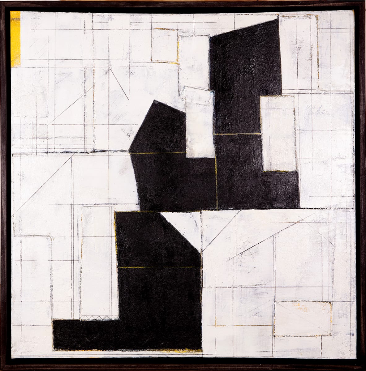 "Segment #1" by Steven McHugh  Image: "Segment #1" is a minimalistic abstract painting inspired by urban and architectural elements, featuring a striking dark underpainting on a double canvas background. The subtle interplay of oil, cold wax, graphite, and beach sand textures come alive as glimpses of under colors break through a serene overlay of white. Measuring 31" x 31" x 2.5", this evocative piece is framed in a sleek black gallery floating frame, adding a sophisticated touch to any space. . Elevate your collection with this captivating and thoughtfully crafted artwork.

The artwork is an abstract painting dominated by large, bold, black geometrical shapes set against a white background. The black forms are arranged in a way that they intersect and create a sense of depth and structure. Fine lines in various shades of black and gray intersect across the canvas, forming a complex grid that adds texture and complexity to the composition. Subtle hints of yellow are present, particularly in the upper left and lower right corners, adding a touch of warmth to the monochrome palette. The overall effect is one of a structured, yet dynamic composition that merges geometric precision with abstract artistry.

Sales tax and shipping added after destination is established.