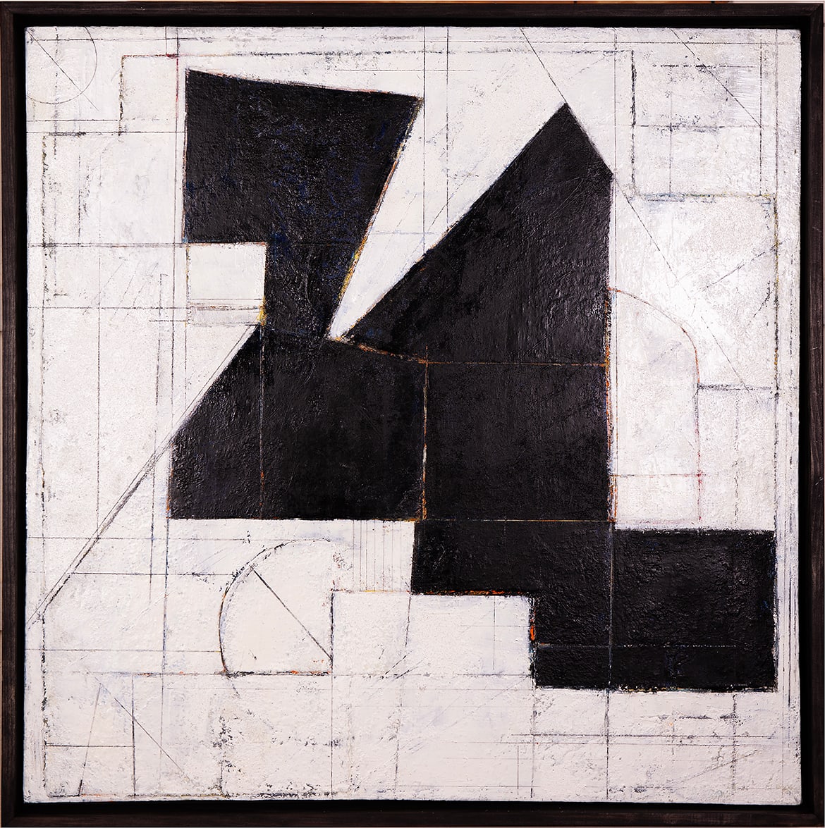 "Segment #2" by Steven McHugh  Image: Experience the depth and intrigue of "Segment #2," an abstract minimalistic painting by renowned artist Steve McHugh. This piece features a unique canvas on canvas construction, adding a layered dimension that captivates. Subtle but bold color underpainting peeks through around stark black forms, complemented by intricate graphite geometric drawings on the surface. Measuring 31" x 31" x 3" and elegantly framed in a black gallery floating frame, this black and white composition encapsulates Steve McHugh's mastery in contemporary abstract art. Discover this artwork and more, exclusively at stevemchughart.com.

The artwork is an abstract composition featuring a stark contrast between black shapes and a white background. The black forms are geometric and intersect to create a balanced yet dynamic pattern. The underlying white canvas is interspersed with fine lines and subtle hints of other geometric shapes, adding depth and complexity to the piece. The artwork demonstrates a strong use of negative space and precision in the alignment and overlap of shapes. The clean lines and the monochromatic palette contribute to its modern and minimalist aesthetic.