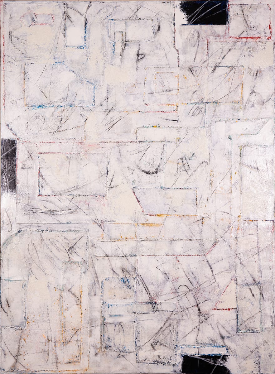 "Censorship" by Steven McHugh  Image: Look beyond the surface of what appears to be a minimalist white painting and find a surface of bold colors, mark making, and drawings, blackboard surface, and faint transfers of newspapers over this surface of canvas on canvas, creating depth. "Censorship," an unframed canvas measuring 48" x 36" x 1.5", introduces intricate layers of oil, cold wax, graphite, crayon, and beach sand for extra texture. This mixed-media masterpiece is a testament to the dynamic interplay of materials and themes, history and demands you to look beyond the surface, inviting viewers to uncover hidden messages and forms. Located on Madeline Island, part of the Apostle Islands in Lake Superior, WI, my work embodies the essence of non-representational abstract art. Elevate your collection with a piece that challenges perception and invites contemplation.

This artwork is an abstract piece with a predominantly white foreground. It features a complex network of lines and geometric shapes, mostly rectangular, that intersect and overlap throughout the canvas. The lines are in various colors including black, blue, red, and yellow, and are both straight and curved, creating a sense of organized chaos. Some sections are more densely packed with lines, while others are sparser, giving the composition a dynamic feel. There are hints of darker colored sections towards the corners, adding contrast to the otherwise light composition. The overall effect is one of intricate layering and depth, with a balance between structure and fluidity.