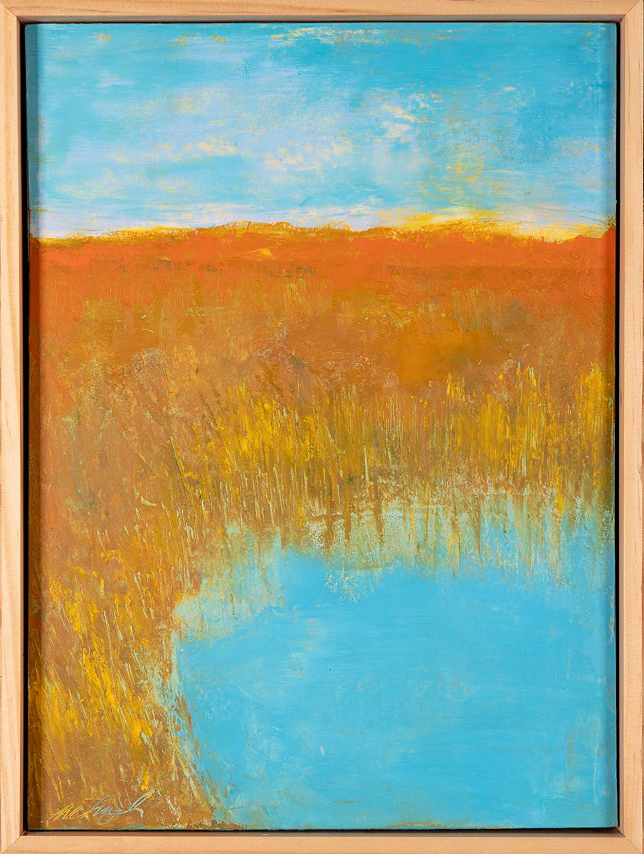 "Grassland #2" by Steven McHugh  Image: Immerse yourself in the layered beauty of "Grassland #2," a striking piece that captures the essence of natural landscapes through mixed-media techniques. As an abstract painter based on Madeline Island in the serene Apostle Islands of Lake Superior, WI, I explore the interplay of texture, color, and form in every creation. "Grassland #2" reflects my commitment to non-representational artistry, inviting viewers to engage with the work on a deeply personal level.

This artwork is a landscape painting featuring a serene natural scene, a pond among the tall grasses. The upper portion of the painting showcases a soft blue sky with subtle variations of white and light yellow, suggesting a calm day with scattered clouds. Below the sky, an expanse of warm earthy tones dominates the middle ground, using ochre, burnt sienna, and muted brown hues to depict a dense field or hillside. The lower part of the composition includes a bright, reflective blue body of water that contrasts vividly with the surrounding warm colors. The brushstrokes in the painting are textured and impressionistic, conveying the forms of natural elements like grass and water with a loose, expressive style. The overall mood of the artwork is tranquil and evocative of an autumnal landscape.

Original mixed media abstract oil painting by Steven McHugh. Mixed media with oil stick, marker, oil, graphite, charcoal and cold wax on Arches oil paper glued on wood panel with PH balance glue. Painting is 13.5"x 9.75" x 1.5". Signed on front and back. Framed is a vanished gallery frame solid wood. 