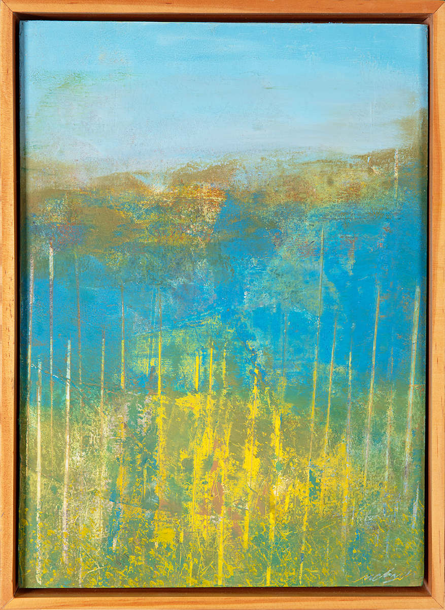 "My Escape" by Steven McHugh  Image: "My Escape"  is an abstract landscape painting, oil and cold wax on wood panel,  that uses a palette of blues, yellows, and earth tones. The lower portion is dominated by textured and layered yellow and green hues that suggest a dense, vibrant field or forest, a magical view of Town Parks lagoon from above. Vertical streaks of yellow and light tones rise upward through the center, imitating tall grass or slender tree trunks. The midsection transitions into deeper blue colors that evoke a watery or ethereal atmosphere, blending seamlessly into a hazy, muted background of soft browns and ochres. The top of the painting is a calm, clear sky depicted in light blue. The composition is balanced with a mix of organic forms and linear elements, creating a serene yet dynamic natural scene. The painting is framed with a simple wooden frame that complements the earthy tones and measures 14.3" x 10.5" x 2.5".

"My Escape" is an abstract landscape painting, oil and cold wax on wood panel, that uses a palette of blues, yellows, and earth tones. The lower portion is dominated by textured and layered yellow and green hues that suggest a dense, vibrant field or forest, a magical view of Town Parks lagoon from above. Vertical streaks of yellow and light tones add an ethereal dimension, embodying the serene beauty of Madeline Island. This piece invites viewers to lose themselves in its rich layers and vibrant colors, offering an evocative visual journey. Discover the heart of the Apostle Islands through this captivating creation, perfect for those who appreciate the harmonious blend of nature and abstract art.