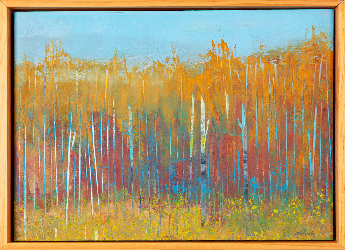 "Magic Moments" by Steven McHugh  Image: Experience the transformative beauty of Magic moments, a captivating mixed-media non-representational abstract painting by Steve McHugh. Inspired by the serene landscapes and vibrant spirit of Madeline Island, this piece uniquely blends textures and colors to evoke the essence of Lake Superior. Each brushstroke embodies the dynamic interplay between nature and emotion, creating a visual symphony that resonates deeply with art enthusiasts. Explore this masterpiece and elevate your space with a touch of island-inspired artistry.

This artwork is a painting of a forest scene dominated by tall, slender trees with white trunks and golden-yellow foliage. The trees stand closely packed, extending vertically across the canvas. The background features a sky painted in a clear, bright blue tone. The ground is covered with a mix of warm earthy colors, including greens and yellows, indicating grass and vegetation. The overall style of the painting is impressionistic, with visible brush strokes and a vibrant, autumnal color palette that conveys a serene and lively natural environment. Oil and cold wax on wood panel measures 9.75" x 13.5" x 1.5" and is framed in simple wood finished gallery floating frame measuring 10.5" x 14.25" x 2.5.