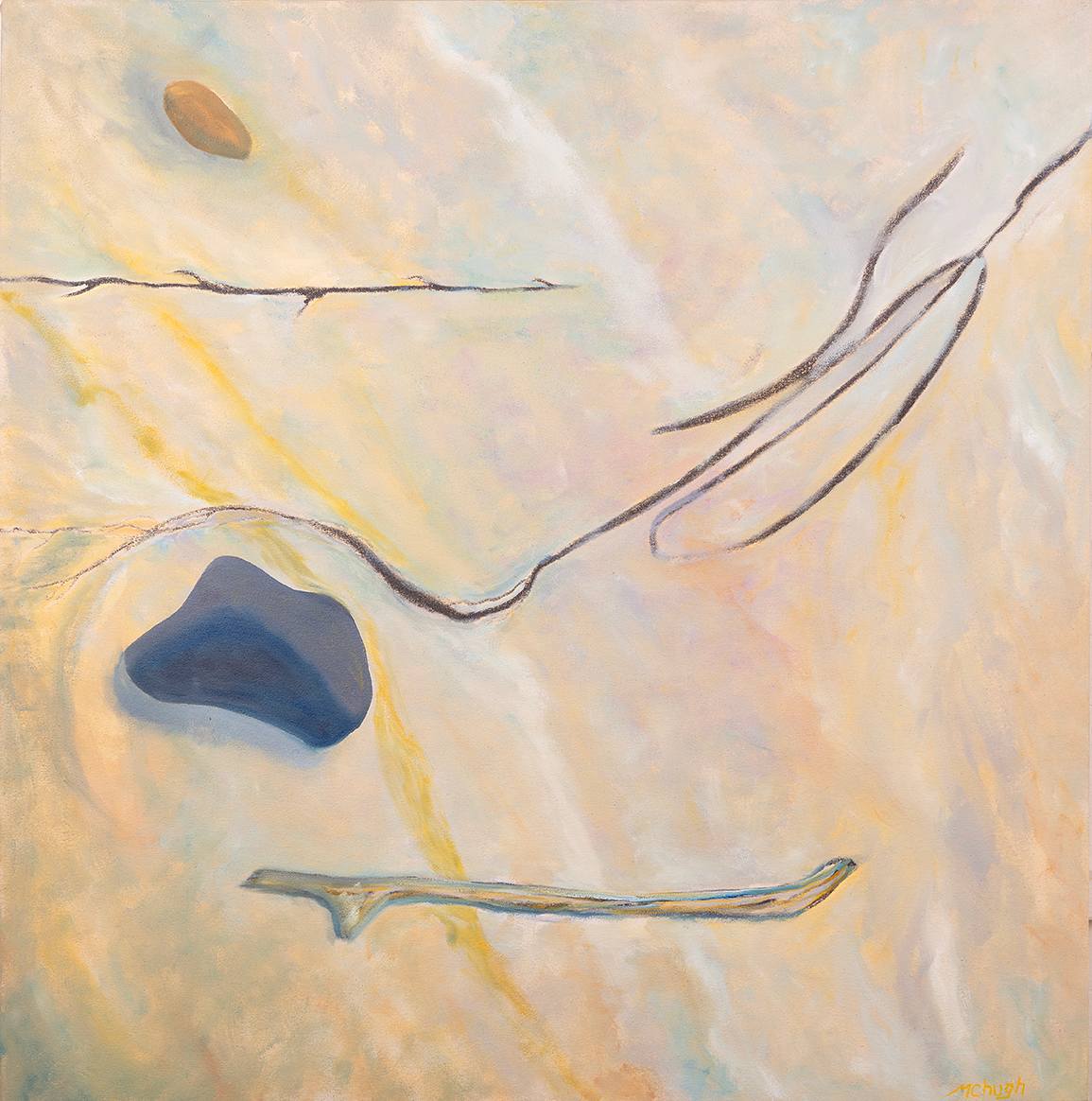 "Beach Finds" by Steven McHugh  Image: This large oil painting on canvas, measuring 36"x36" is composed of found beach objects.  Combination of weeds, rocks, rope and sand are part of my daily practice of walking the beaches. This painting takes raw canvas, graphite drawings and oil paint to raise these common object to objects of desire.

As a mixed-media non-representational abstract painter based on Madeline Island in Lake Superior's Apostle Islands, I draw inspiration from nature's treasures. Each piece encapsulates the essence of the shoreline, infusing my abstract artistry with elements that evoke the serenity and raw beauty of our beaches. Discover how these natural finds are transformed into captivating art that enriches your space and resonates with the spirit of the islands.

"Beach Finds"  is an abstract painting featuring a soft, muted color palette dominated by creamy beige, light pink, and pale yellow tones. Delicate, flowing lines in darker shades curve across the canvas, creating a sense of gentle movement. There are a few distinct shapes: a small, irregular golden-brown form near the top, a larger, rounded blue shape towards the left center, and a slender, horizontal shape in pale greenish tones near the bottom. The overall composition evokes a calm, organic feel with its subtle gradations and fluid forms, lending the piece a harmonious and tranquil atmosphere.
