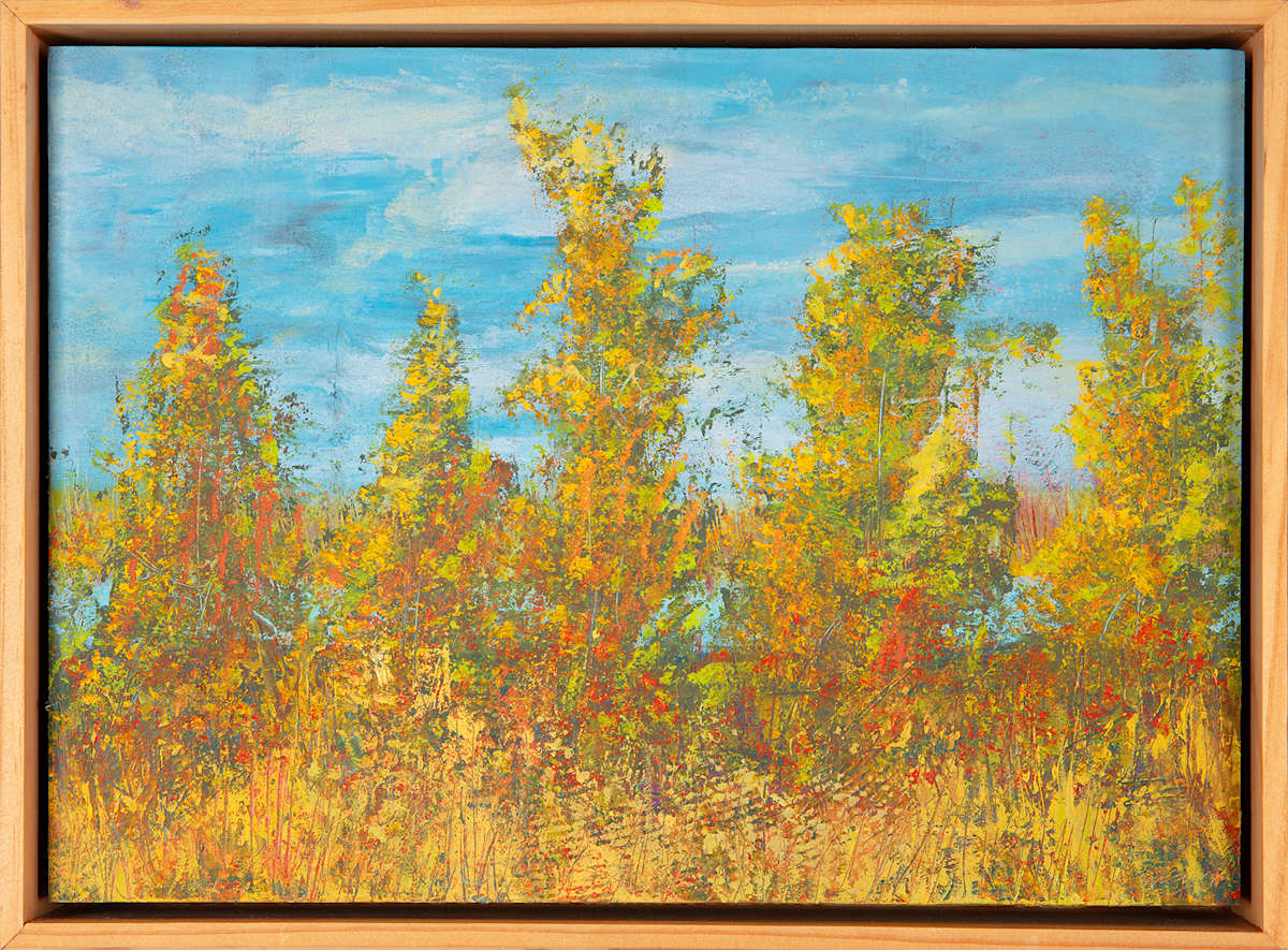 "Spring Walk" by Steven McHugh  Image: Step into the vibrant world of "Spring Walk", where abstract artistry echoes the rejuvenation of the season on Madeline Island. This mixed-media piece captures the essence of nature's awakening, reflecting the dynamic interplay of colors and textures that define the Apostle Islands in Lake Superior, WI. This creation exemplifies my commitment to offering unique, non-representational artworks that evoke emotion and spark imagination. Experience the transformative power of color and form with "Spring Walk," and bring a piece of nature's rebirth into your space.

"Spring Walk"  is a vibrant abstract landscape painting showcasing tall, slender trees with foliage in warm spring colors such as yellow, orange, and hints of red. The trees stand against a bright blue sky with some white clouds, creating a contrast between the cool background and the warm tones of the leaves. The brushstrokes are textured and expressive, imparting a sense of movement and natural liveliness. The foreground is filled with dense, colorful shrubbery, blending harmoniously with the trees to form a richly detailed and lively spring scene. The painting is framed in a simple wooden frame that complements the earthy tones of the artwork.

Painting is oil and cold wax, mixed media painting on wood panel measuring  9.75" x 13.5" x 1.5", framed in gallery floating frame measures 10.6" x 14.3" X 2.5". 