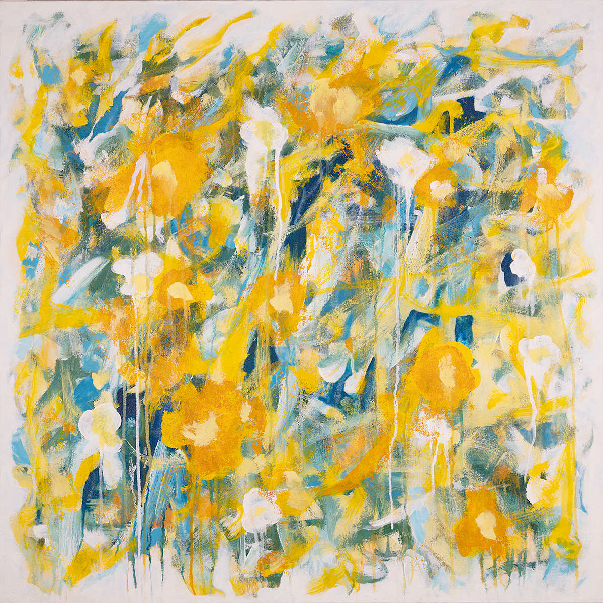 "Garden #1" by Steven McHugh  Image: Immerse yourself in "Garden #1," a captivating creation by Steve McHugh, a mixed-media non-representational abstract artist based on the enchanting Madeline Island in Lake Superior, WI. This vibrant piece draws inspiration from the serene landscapes of the Apostle Islands, effortlessly blending colors and textures to evoke a sense of tranquil beauty. Each brushstroke and material choice in "Garden #1," reflects the unique artistry and meticulous craftsmanship.  Discover the transformative power of abstract art with this dynamic masterpiece, perfect for adding depth and elegance to any space.

The artwork is an abstract painting featuring a vibrant composition dominated by shades of yellow, white, blue, and green. The canvas is filled with loosely defined floral shapes, where yellow flowers are prominent, interspersed with white blossoms. The use of dripping paint adds a sense of fluidity and motion, while soft, overlapping brushstrokes create a layered texture. The blending of colors results in a lively yet harmonious pattern, evoking the feeling of a dynamic and blooming garden. The overall effect is both energetic and delicate, with a rich interplay of color and form.

This 36" x 36" mixed media acrylic on canvas painting is unstretched canvas is shipped with stretcher bars and includes shipping.