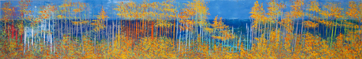 "Big Bay Road" by Steven McHugh  Image: "Big Bay Road" is a panoramic landscape painting featuring a dense forest composed of tall, slender trees with white trunks and autumnal foliage in vibrant shades of gold, orange, and yellow. The trees create vertical lines that contrast against a deep blue background suggesting a clear sky and distant water. The composition balances the bright, warm colors of the leaves with the cool blue tones, creating a striking visual effect. The scene conveys a serene atmosphere with an abstract, almost impressionistic style, emphasizing color and form over detailed realism.

Immerse yourself in the essence of Madeline Island with "Big Bay Road," a mixed-media abstract piece crafted by Madeline Island's resident abstract painter, Steve McHugh. This evocative artwork captures the untamed spirit of the Apostle Islands, bringing the ethereal beauty of Lake Superior to your space. Each brushstroke and texture uniquely conveys a non-representational journey through the island's rugged landscapes. Perfect for art enthusiasts seeking a vibrant, dynamic accent for their home or office, "Big Bay Road" embodies the rich, scenic splendor of Wisconsin's northern wilderness. Transform your interior with this compelling piece that resonates deeply with the natural world.

This oil and cold-wax painting is on a wood panel and measures 12 x 72" x 1.5", framed in a gallery floating frame measures 13" x 73" x 2.5". Shipping is included in the lower 48 U.S. states.