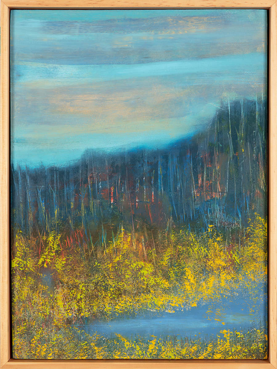 "Space Between" by Steven McHugh  Image: "Space Between"  is a vibrant abstract landscape painting, oil and cold-wax painting on wood panel, framed in gallery floating frame measuring 16.25" x12.25" x 2.5".  It features a foreground dominated by dense, bright yellow foliage, suggesting autumnal trees or shrubs. Just above the foliage, a pond extends horizontally, capturing a calm blue tone. Beyond the water, a dark, forested hill rises, painted with deep blues, greens, and touches of earthy reds. The sky above the hill is broad and expansive, rendered in soft, layered shades of blue blending with pale peach and beige clouds. The overall atmosphere of the painting evokes a serene, late-afternoon or early evening scene in nature.

Immerse yourself in the captivating allure of "Space Between," a striking testament to the beauty and mystique of Madeline Island. As a mixed-media  abstract painter, I  weave the enchanting spirit of the Apostle Islands into each painting. My vibrant, layered compositions invite viewers on an introspective journey, encouraging you to find their own meaning within the art. Let the serene energy of Lake Superior flow into your space, adding an element of tranquility and wonder. 