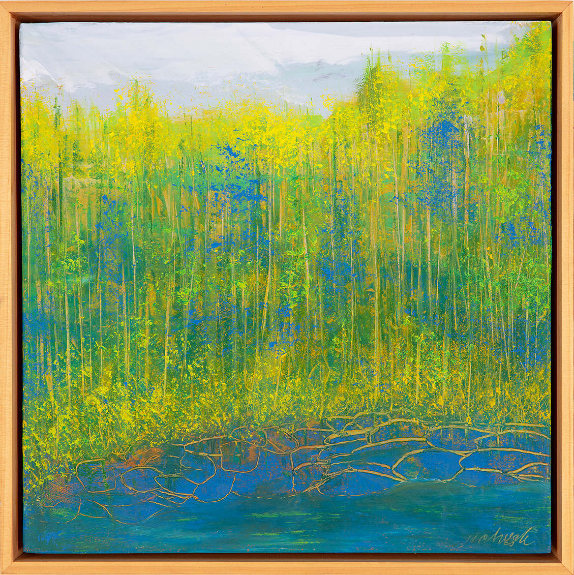 "Rocky Approach" by Steven McHugh  Image: Discover "Rocky Approach," an evocative mixed-media  abstract painting by Steve McHugh, inspired by the rugged landscapes of Madeline Island. This thought-provoking piece mirrors the untamed beauty of the Apostle Islands in Lake Superior, WI, capturing the intricate textures and colors found in nature. Perfect for art enthusiasts who appreciate the raw, transformative power of abstract art, "Rocky Approach" offers a mesmerizing focal point for any space. Elevate your collection with a touch of Madeline Island's wild essence, thoughtfully interpreted through Steve's unique artistic vision and immerse yourself in the enchanting world of mixed-media artistry.

"Rocky Approach"  is a vibrant landscape painting dominated by shades of yellow and green with hints of blue, depicting a dense forest scene. Tall, slender trees stretch upwards, their foliage rendered in bright yellow and green tones, suggesting lush, sunlit leaves. The use of vertical lines emphasizes the height and density of the trees. In the foreground, a body of water is represented with deep blue hues and is bordered by stones or cracked earth, outlined with fine lines. The background transitions into a lighter, misty sky, adding depth and contrast to the vivid forest below. The overall composition creates a sense of tranquility and natural beauty.

This oil and cold-wax painting is on a 12" x 12" wood panel and is framed with a floating gallery frame measuring 12.75" x 12.75" x 2.5".