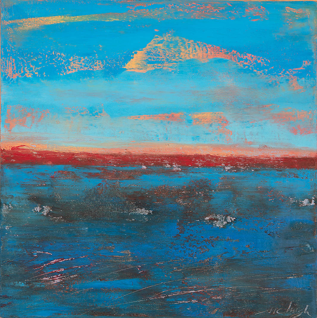 "Over There" by Steven McHugh  Image: "Over There" is an abstract landscape painting capturing a vibrant sky and body of water. The upper portion features a bright blue sky with textured clouds in soft peach and coral hues. Below the horizon, a bold reddish-orange strip separates the sky from the water. The lower half depicts deep blue water with darker patches and subtle white reflections, rendered with rough, expressive brushstrokes, creating a sense of movement and depth. The overall color palette conveys a dramatic and dynamic natural scene.

"Over There" represents the view of any Islander, you're constantly looking to the horizon to see what's coming, weather or ferry.  This oil and cold-wax painting on wood panel measures 9.75" X 9.75" X 1.5" and is in a gallery floating frame measuring 10.5" x 10.5" x 2.5".  Shipping is included in the U.S.

Discover the captivating world of abstract art with our mixed-media creations from Steve McHugh. Nestled on the picturesque Madeline Island in the Apostle Islands of Lake Superior, WI, each piece is a unique blend of texture, color, and emotion, offering a transformative visual experience. My commitment to artistic excellence and innovative techniques ensures that every artwork adds a distinctive touch to your space. Find the perfect piece to enrich your environment with the rich, layered beauty of abstract expression. Dive into the elegance and sophistication that only original mixed-media art can provide.