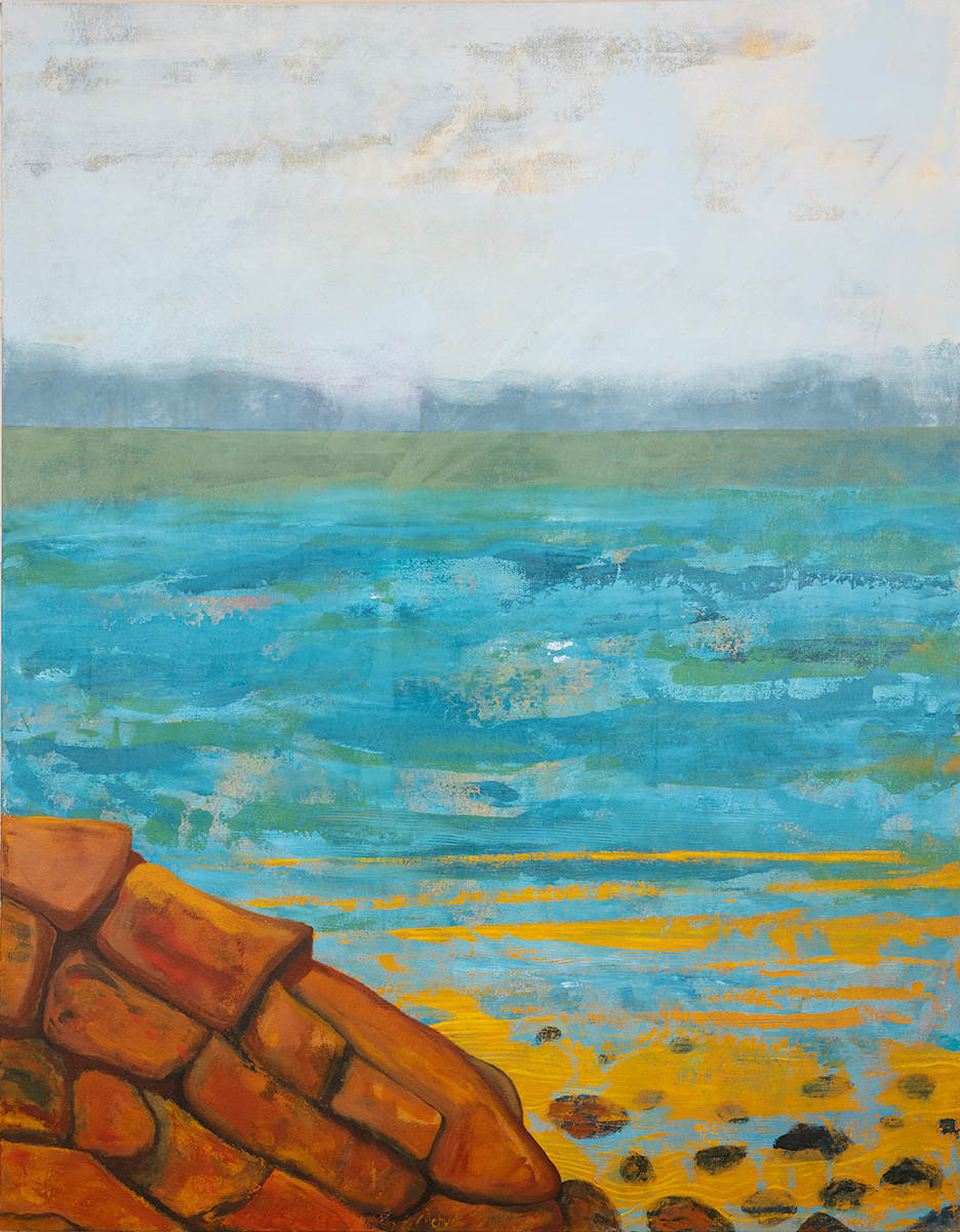 "On The Rocks" by Steven McHugh  Image: Experience the raw beauty of the Apostle Islands with "On The Rocks," a captivating mixed-media representational abstract painting by Madeline Island artist, Steve McHugh. This unique piece evokes the rugged elegance of Lake Superior, bringing the power of nature into your home. Visit stevemchugh.art to explore how Steve's professional dedication to the artistic interpretation of his stunning surroundings translates into an unforgettable visual experience. Elevate your space with a touch of the island's mystique and strength.

"On The Rocks" is a representational abstract portraying a coastal scene with a large, textured rock formation in the foreground on the left side, rendered in warm brown and orange tones. The middle section of the painting features a vast expanse of water, depicted with layered shades of blue and green, giving a sense of depth and gentle movement. The horizon line is defined by a band of muted green, suggesting distant land or hills. Above the horizon, the sky is painted in pale blues and off-whites, with soft, wispy clouds scattered throughout. The overall composition conveys a tranquil seaside atmosphere through a harmonious blend of earthy and cool colors.

This mixed media acrylic painting is on raw canvas and measures 60" x 48" and is unstretched, shipped in a tube with stretcher bars.
