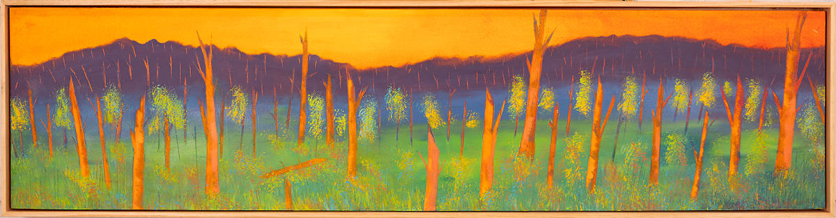 "Grand Raising" by Steven McHugh  Image: "Grand Raising" is a vibrant landscape painting featuring a row of tall, slender tree trunks in the foreground, rendered primarily in bright orange hues. These trees stand against a backdrop of lush green foliage with scattered dabs of blue that add depth and texture to the vegetation. Beyond the trees, a range of deep purple mountains stretches across the middle ground. The sky above is painted in a rich gradient of yellows and oranges, suggesting either a sunrise or sunset. The composition is wide and panoramic, emphasizing the expansive natural scene with bold, saturated colors that create a striking contrast between the warm tones of the trees and sky and the cooler tones of the mountains and foliage.

Oil and cold-wax painting on wood panel measures 12.75" x 48.75" and is framed in a gallery floating frame in a neutral wood stain.

"Grand Raising" is a mesmerizing blend of textures and colors created by a mixed-media representational abstract painter on Madeline Island, part of the Apostle Islands in Lake Superior, WI. This piece encapsulates the essence of nature's grandeur and the island's unique spirit, making it an ideal addition to any sophisticated art collection. At stevemchugh.art, we value craftsmanship and uniqueness, ensuring each artwork brings a touch of the island's beauty to your space. Discover "Grand Raising" and experience the profound connection between art and nature, skillfully captured by a local expert. Visit our website to explore more captivating pieces that will elevate your artistic journey.