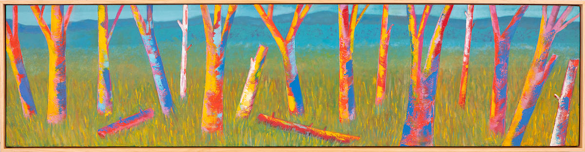 "Color Encounter" by Steven McHugh  Image: Immerse yourself in a vibrant journey with "Color Encounter," a stunning  masterpiece by representational abstract painter located on Madeline Island, part of the picturesque Apostle Islands in Lake Superior, WI. This evocative piece encapsulates the artist's unique perspective and dedication to bold expressions, transforming any space with a burst of creativity. Visit stevemchugh.art to explore more of my work and discover how abstract art can bring an unparalleled depth and energy to your environment. Each piece is an invitation to encounter color in its most dynamic form. This oil and cold-wax on wood panel measures 12.75" x 48.75" x 2.5" and is framed in a natural wood gallery floating frame.

This vibrant and colorful painting of tree trunks standing amidst grass. The trees are depicted with bold, vivid colors including shades of white, pink, orange, purple, and blue. The bark of the trunks is stylized with abstract patterns and bright hues that create a dynamic and lively composition. The background features a gradient of green and blue tones, suggesting foliage and sky, while the grass below is painted in various shades of green, interspersed with strokes of yellow and orange. The overall effect of the painting is energetic and expressive, highlighting the natural beauty of the trees through an imaginative and striking color palette.