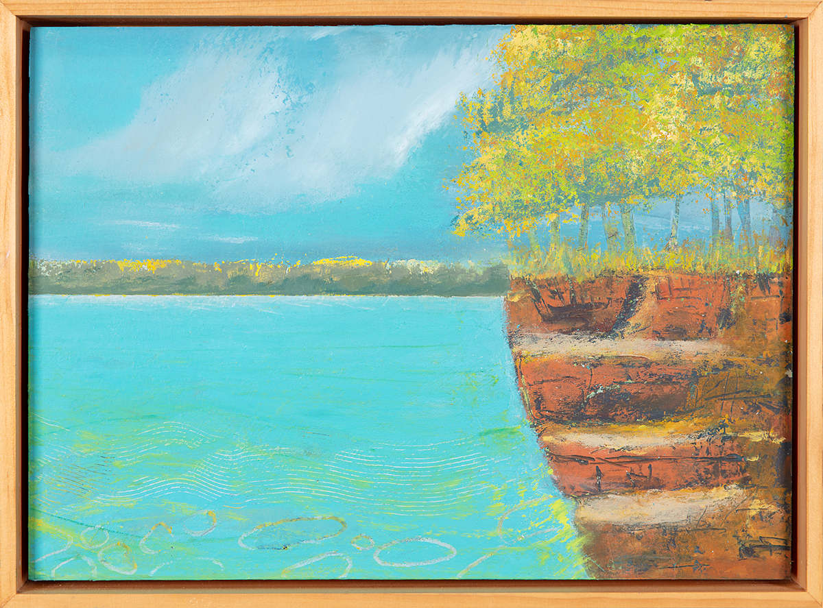 "Look Out" by Steven McHugh  Image: "Look Out" is a oil and cold-wax painting depicting a serene landscape featuring a large body of turquoise water (Lake Superior) in the foreground. To the right, there is a cliff with layered reddish-brown rock formations. On top of the cliff, a cluster of trees with lush yellow-green foliage stands tall. The background includes a distant tree line painted with soft yellow and green hues under a vast, partly cloudy sky dominated by various shades of blue and white. The overall composition conveys a peaceful natural scene with vibrant colors and a gentle contrast between the water, rock, and foliage.

"Look Out" captures the vivid energy and intrinsic beauty of Madeline Island, the heart of the Apostle Islands in Lake Superior, WI. This oil and cold wax representational piece measuring 10.5" x 14.25" embodies the unique spirit and textures of the island landscape, making it a captivating addition to any collection. As an abstract painter, I infuse each work with layers of meaning and emotion, allowing viewers to find personal connections and interpretations. Explore "Look Out" and discover how it resonates with your own experiences and artistic sensibilities.