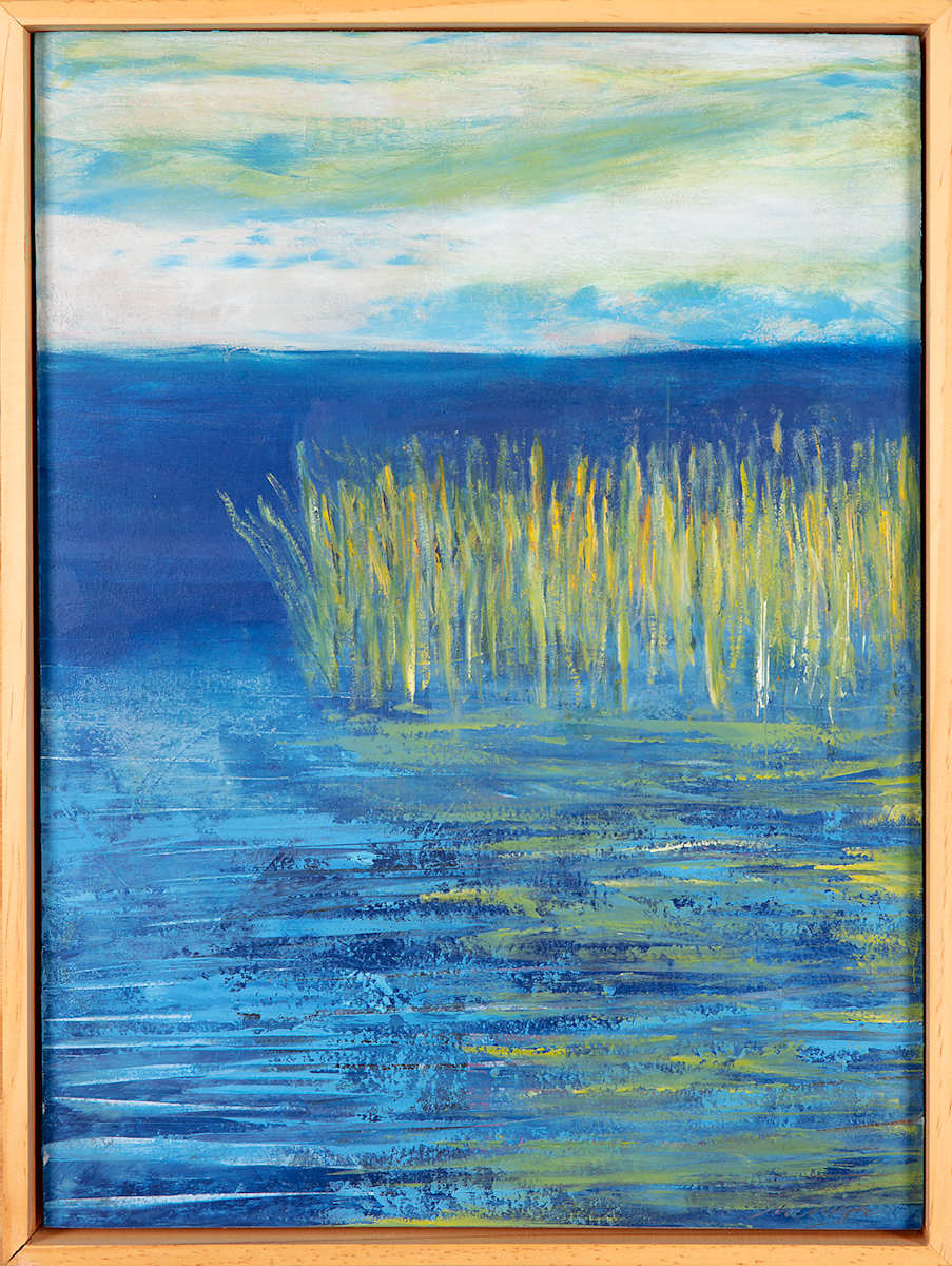 "Where Food Grows on Water" by Steven McHugh  Image: Immerse yourself in the serene beauty of "Where Food Grows on Water," a striking abstract piece by mixed-media artist Steve McHugh. Inspired by the unique environment of Madeline Island, part of the Apostle Islands in Lake Superior, WI, this artwork fuses vibrant colors and dynamic textures, embodying the harmony of nature. Each layer invites the viewer to explore the delicate balance where land and water intertwine, reflecting the artist’s profound connection to his surroundings. Perfect for art enthusiasts seeking to bring a touch of natural elegance to their space, this piece showcases Steve McHugh’s dedication to capturing the essence of his island home through his painting. Discover how "Where Food Grows on Water" can transform your environment at stevemchugh.art.

"Where Food Grows On Water" depicts a tranquil water scene with tall wild rice at the water's edge. The palette includes rich blues and greens, creating a serene and calm atmosphere. The brushstrokes are textured and layered, emphasizing the natural movement and reflection on the water’s surface. The sky above is depicted with soft, blended hues of light blue and white, adding depth to the composition. The overall effect conveys a peaceful, natural landscape focused on water and life. This oil and cold-wax painting measures 16.25" x 12.25" x 2.5" and is framed in a gallery floating frame.