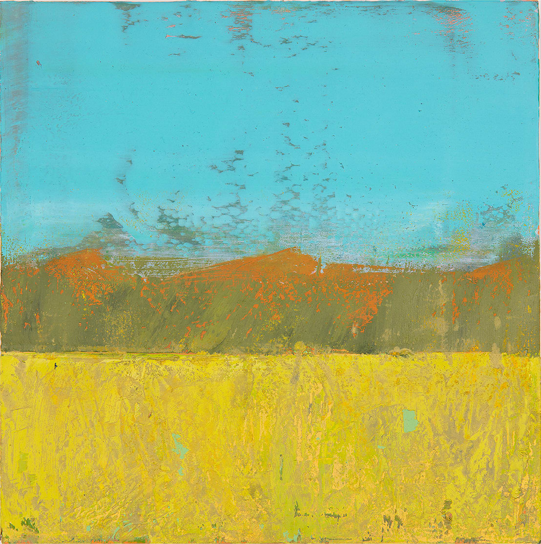 "Landscape #15" by Steven McHugh  Image: Introducing "Landscape #15," a small abstract landscape with bold color combinations on a wood panel by Madeline Island artist Steve McHugh. This distinctive piece, crafted with oil and cold wax, measures 8" x 8" x 2.5" and offers versatility as it can be hung or set on a shelf. The composition brings the essence of nature to life, featuring the lower half with textured yellow and green long grasses, a middle section showcasing a line of green trees, and a forest behind and sky blue behind. Each stroke reflects the serenity and vivid beauty of the Apostle Islands, making it a unique addition to any space. Explore more at stevemchughart.com and bring a touch of Madeline Island's charm into your home. Shipping in the U.S. is included.

This abstract landscape painting has a simple, yet vibrant composition. The bottom portion of the painting features a wide expanse of yellow, suggestive of a field or meadow. Above this strip of yellow, there is a stretch of muted green and orange hues forming a horizontal band, reminiscent of distant hills. The sky dominates the upper half of the composition, rendered in a striking, clear blue with subtle textures adding depth and movement. The use of color is bold, and the brushstrokes are expressive, creating a sense of both tranquility and dynamism in the landscape.
