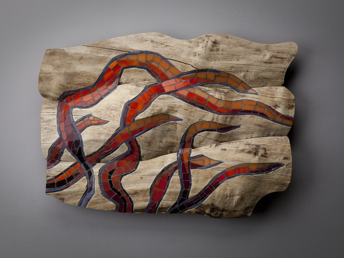 Caught by the current 3, 2015 Boxelder and glass mosaic. 14"H, 20"W, 3.5"D by aaron d laux 