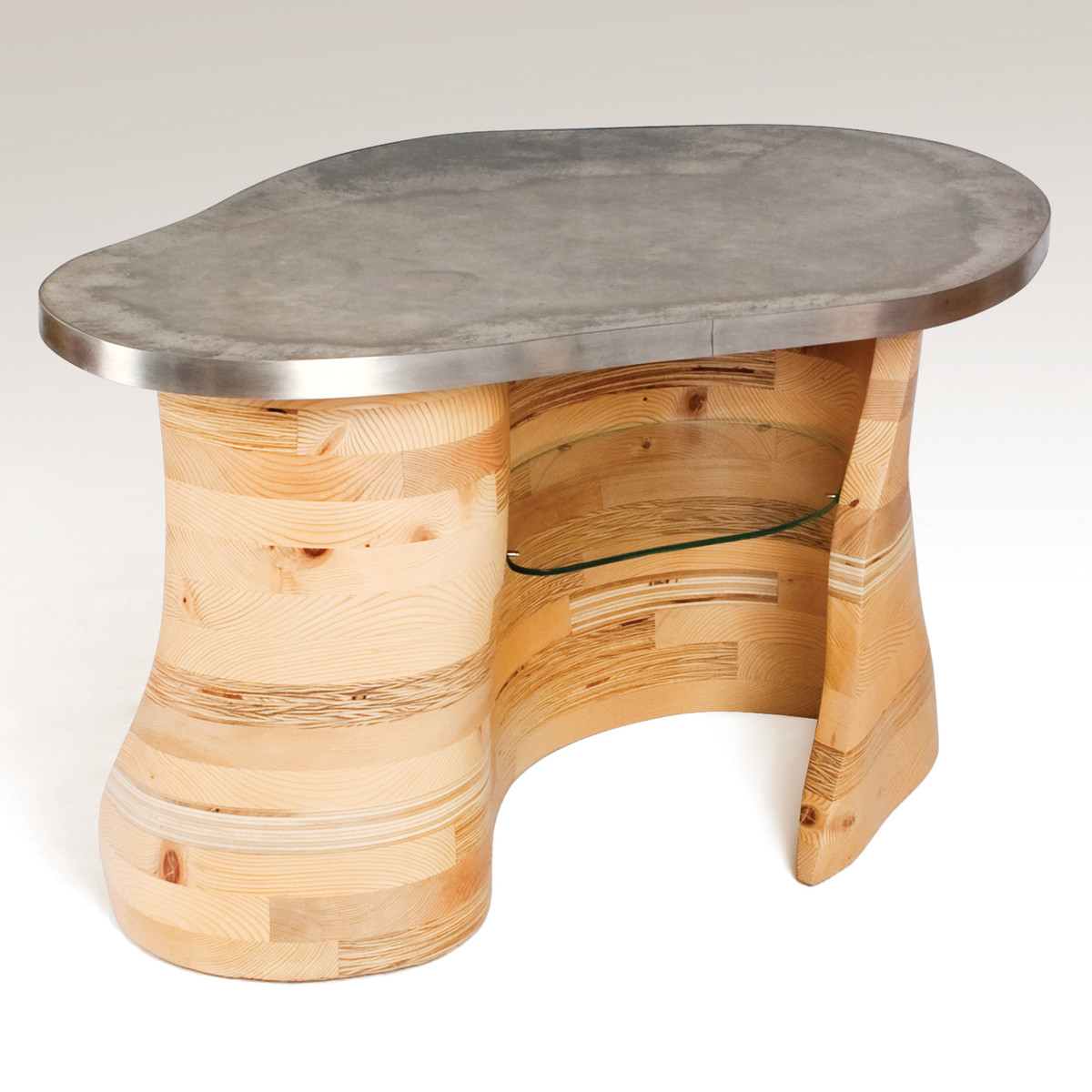 Contours table, 2011 Reclaimed construction lumber, concrete and stainless steel, 21"H, 39"W, 26"D by aaron d laux 