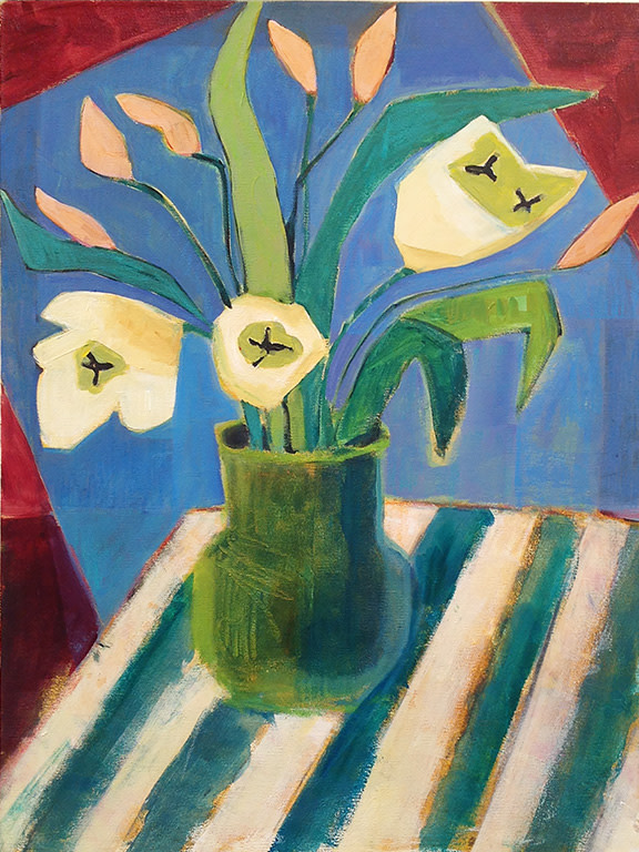 Green Vase, Ivory Tulips by Annie O'Brien Gonzales 