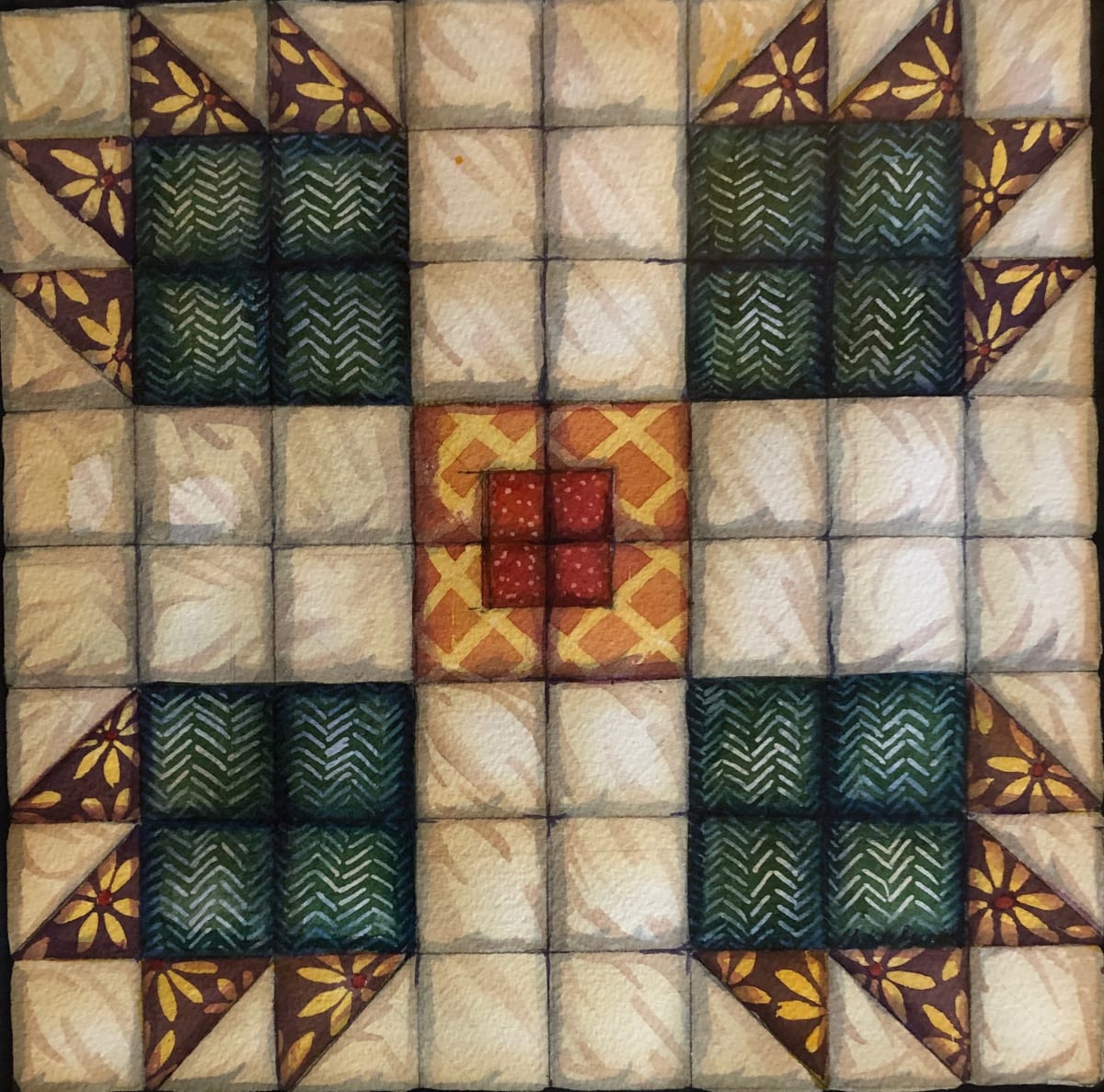 Quilt Square: Bear Claw an original watercolor 