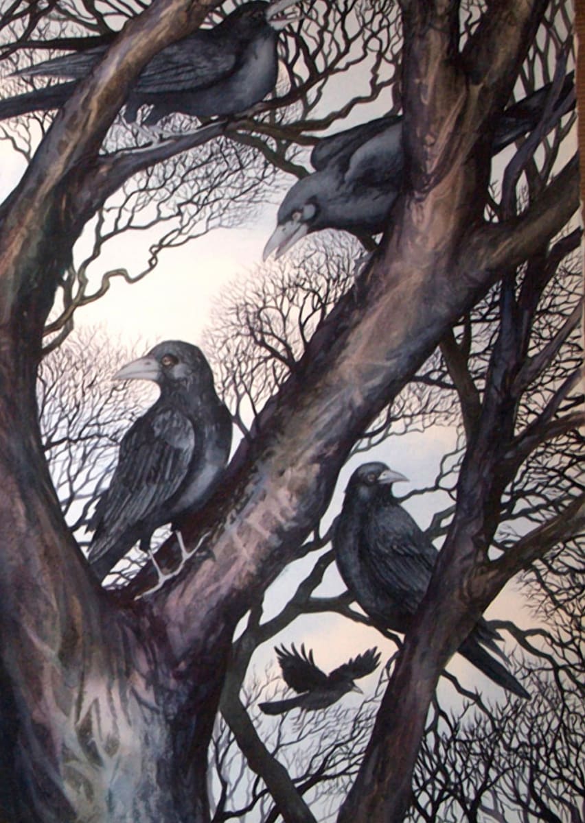 Gathering II:  A Murder of Crows an original watercolor by Helen R Klebesadel 