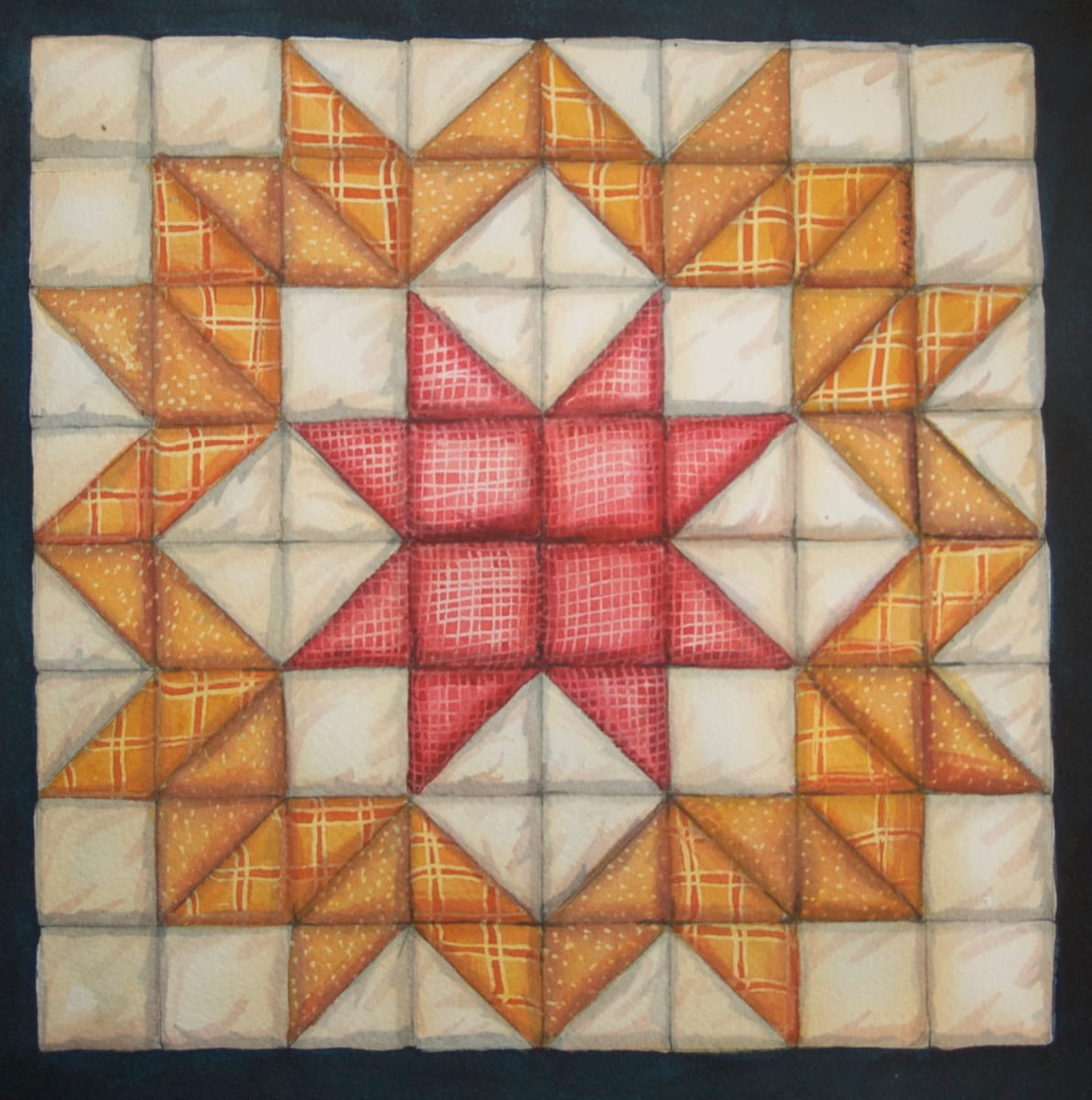 Quilt Square:  Wagon Wheel or Carpenters Wheel an original watercolor by Helen R Klebesadel 