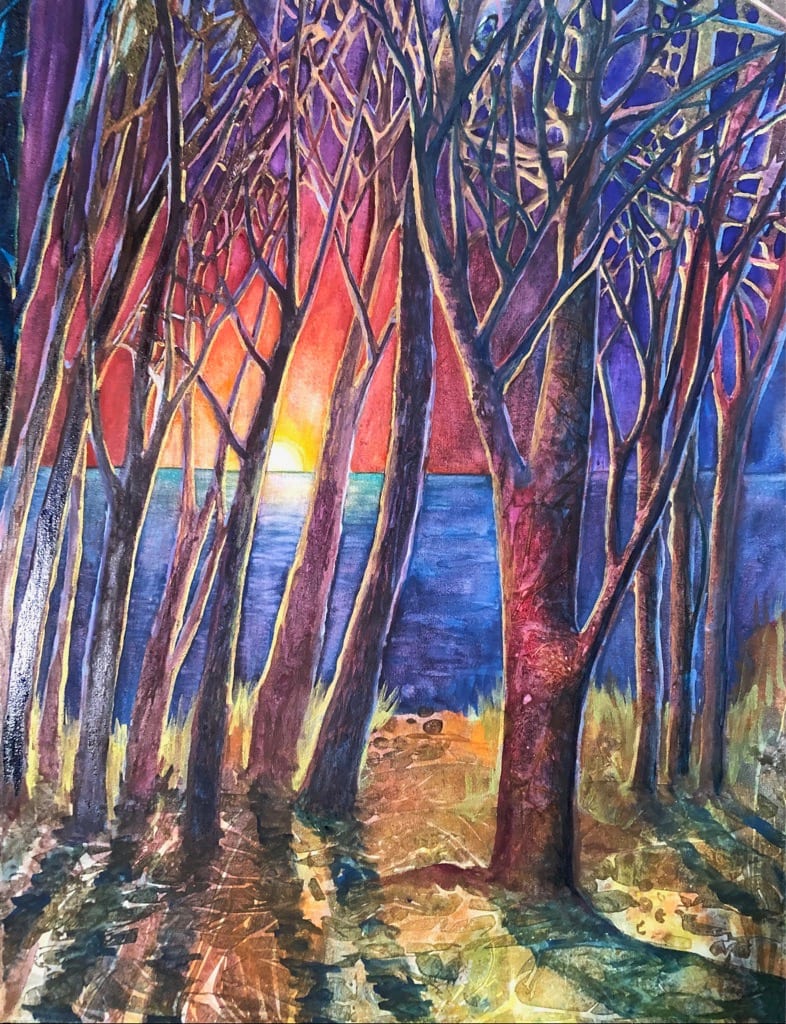 Dawn View From The Path and original watercolor on canvas 