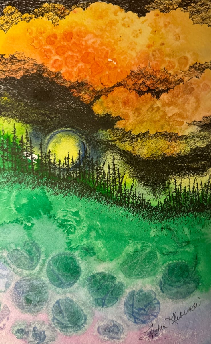 Yellow Moon Rise- Drawing a Day #238 by Helen R Klebesadel 