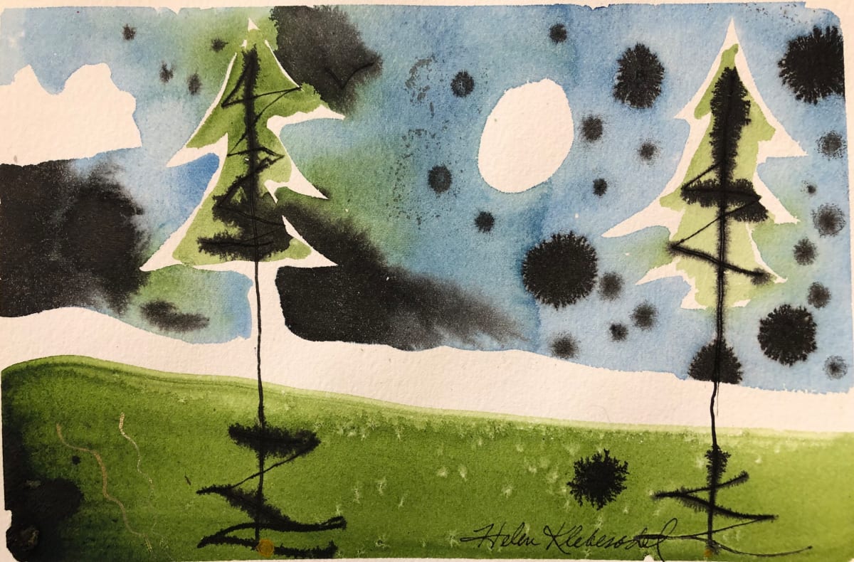 Pine Landscape with Moon - Drawing A Day #49 by Helen R Klebesadel 