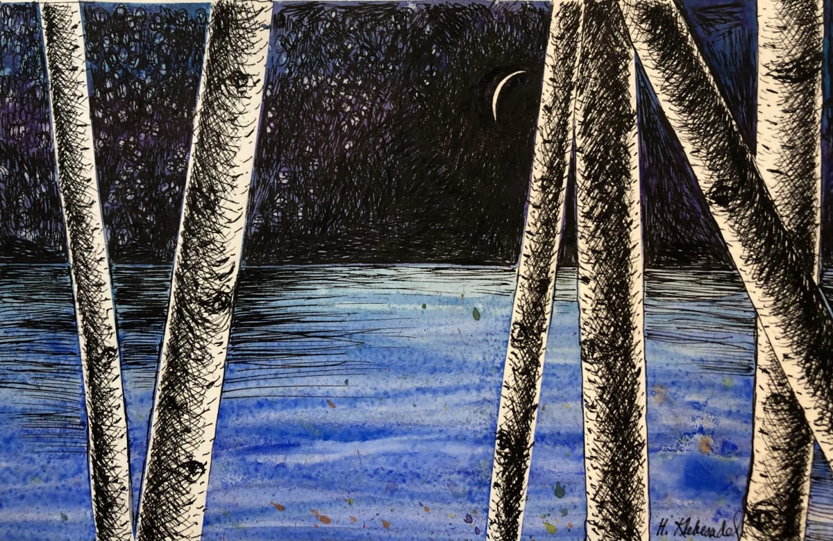 Waning Moon With Birches -Drawing A Day #61 by Helen R Klebesadel 