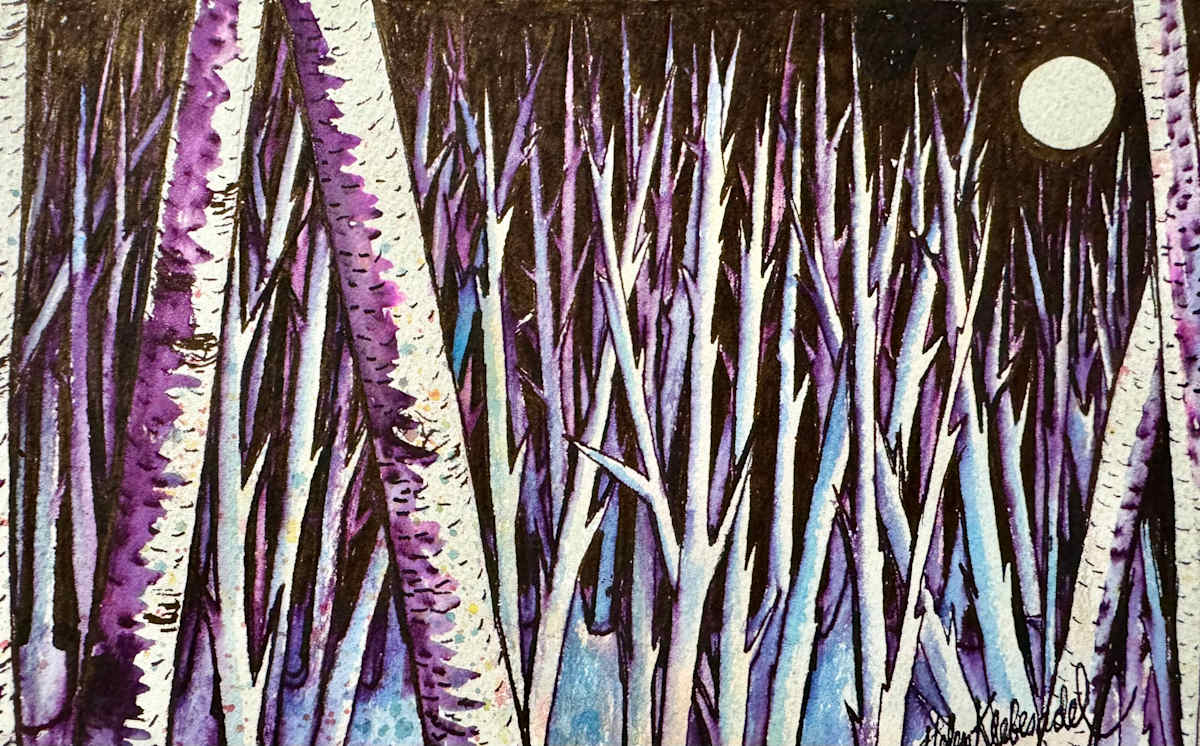 Mad Moon Birch Forest- Drawing a Day #337 by Helen R Klebesadel 
