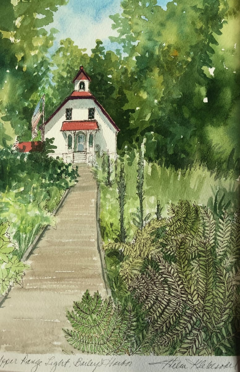 Upper Range Light House, Baileys Harbor and original plein air ink and watercolor by Helen R Klebesadel 