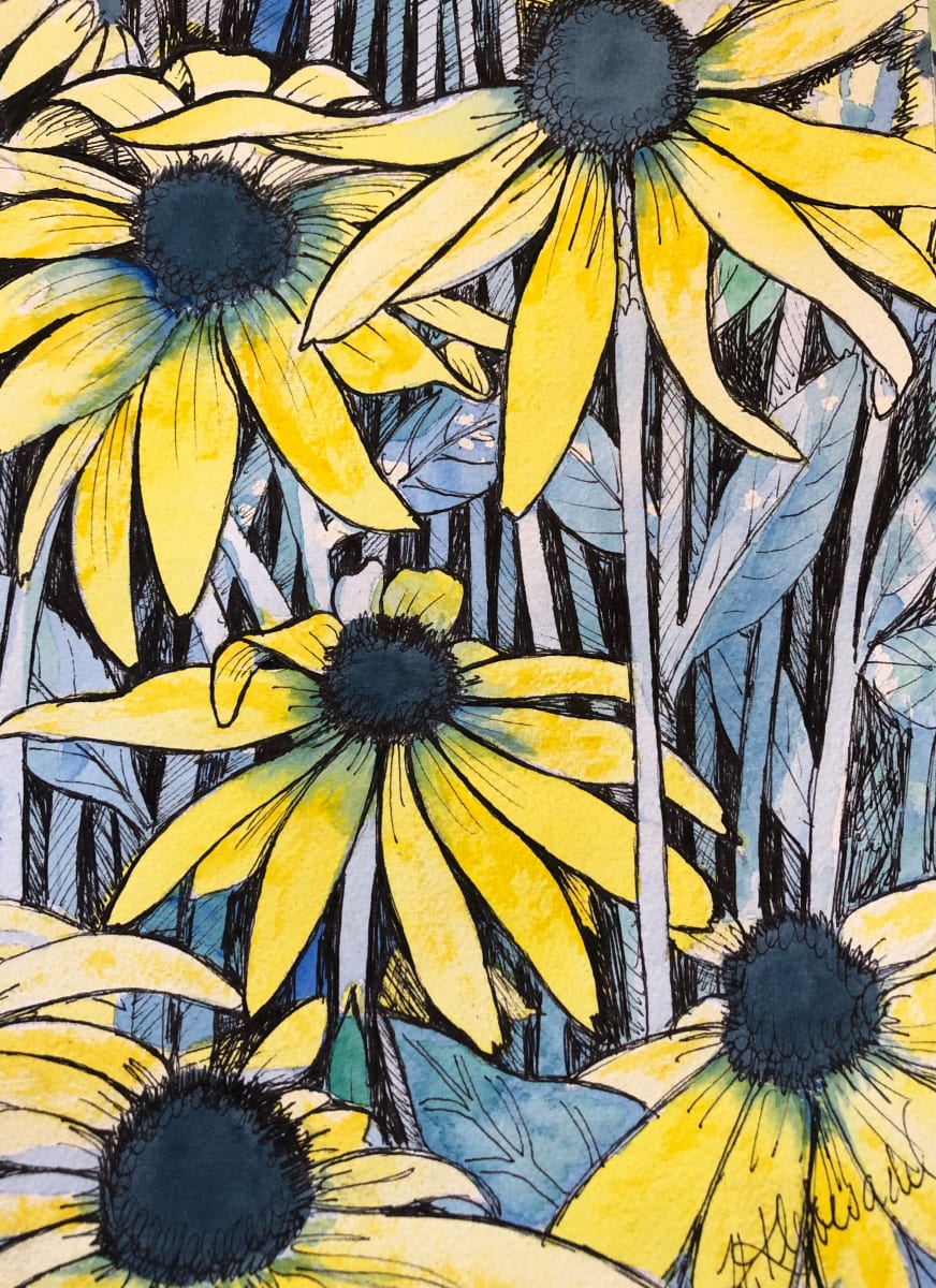 Black Eyed Susans II -Drawing a Day #195 by Helen R Klebesadel 