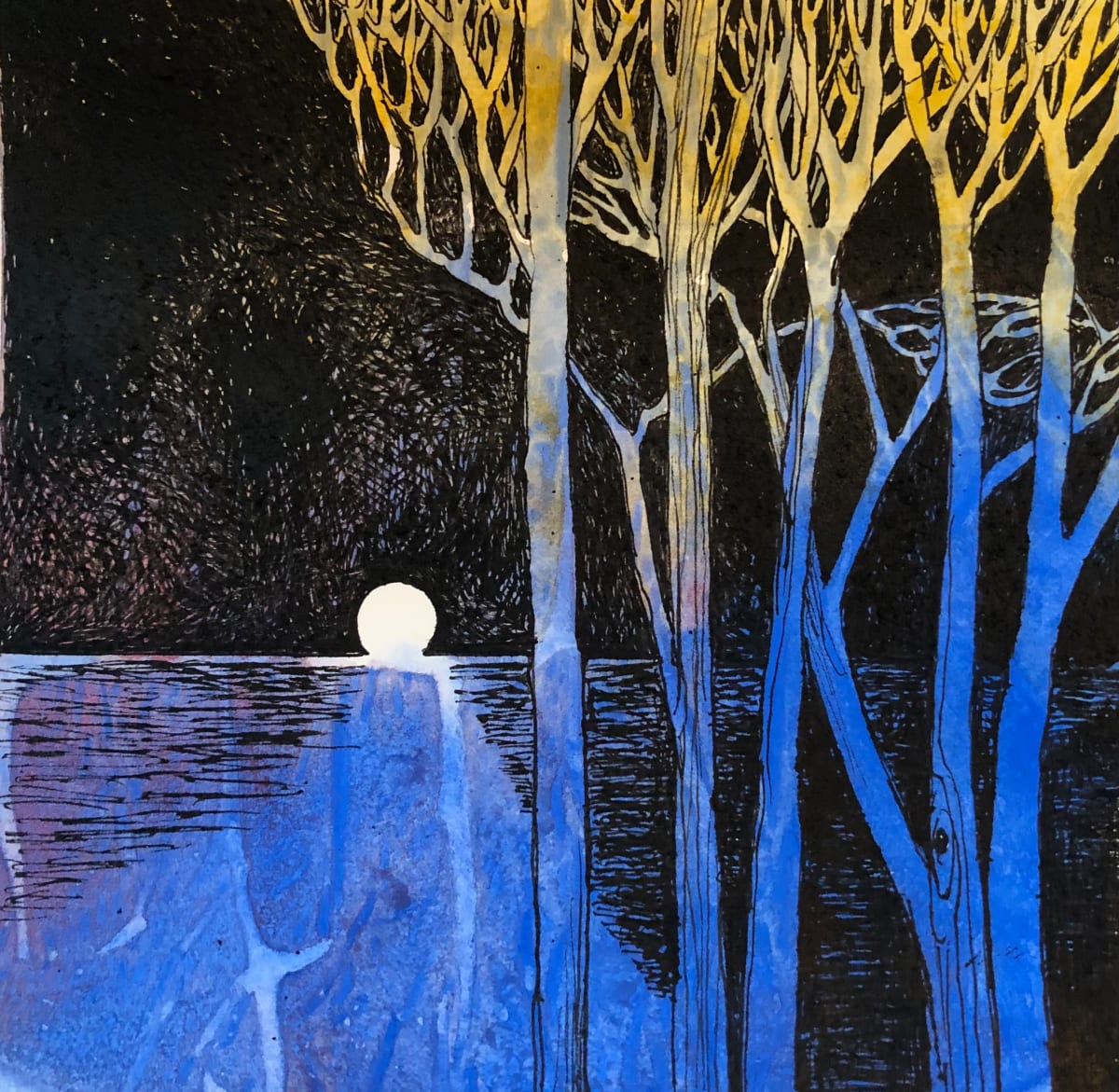 Moonlight Lake- Drawing a Day Series #1 by Helen R Klebesadel  Image: Moonlight Lake