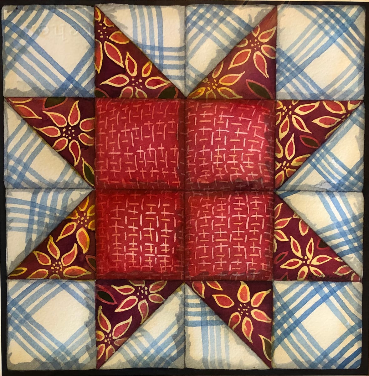 Quilt Square: North Star an original watercolor by Helen R Klebesadel 