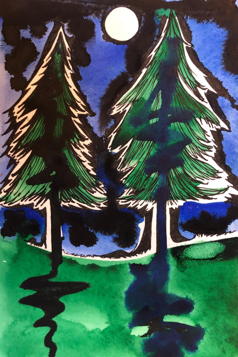Two Pines and Full Moon -Drawing A Day #89 by Helen R Klebesadel 